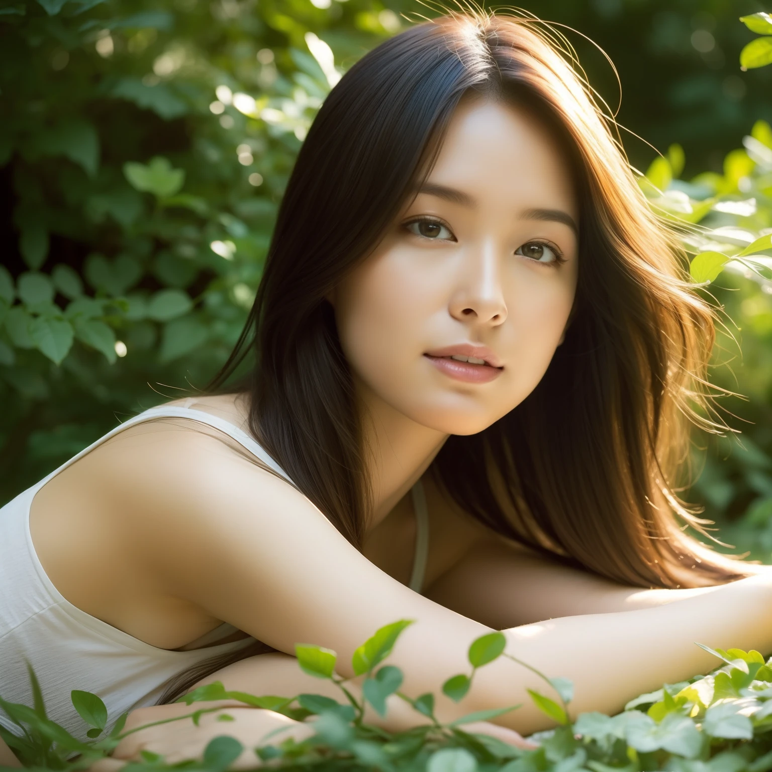 The profile of a young, beautiful, naked Japanese woman hugging a tree trunk and looking away while looking into the distance in a dark, fresh green forest. Focal length 100mmf/2.8, spring daytime, cloudy, fresh green forest, dark forest, slight sunlight filtering through the trees, ideal light source, long hair, slightly open mouth, toned body, nakedness, realism, close-up of facial expressions, 8K image quality, highest quality.