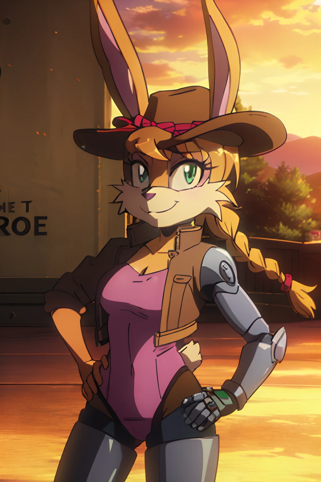 upper body, masterpiece,8k, best quality,insanely detailed, ((masterpiece)),subsurface scattering, detailed, good hands, 1girl,solo,wide hips,good eyes, ray tracing,bunnierabbot,furry, furry female, busty, pink leotard, Brown cowboy hat, brown jacket,cyborg, hair tied back in a single, long braid, violet eyelid, green eyes, pistol belt, floped ears, desert, smirk, (((hand on hip))), ((tipping hat))),busty, long ears, rabbit ears, metal arm