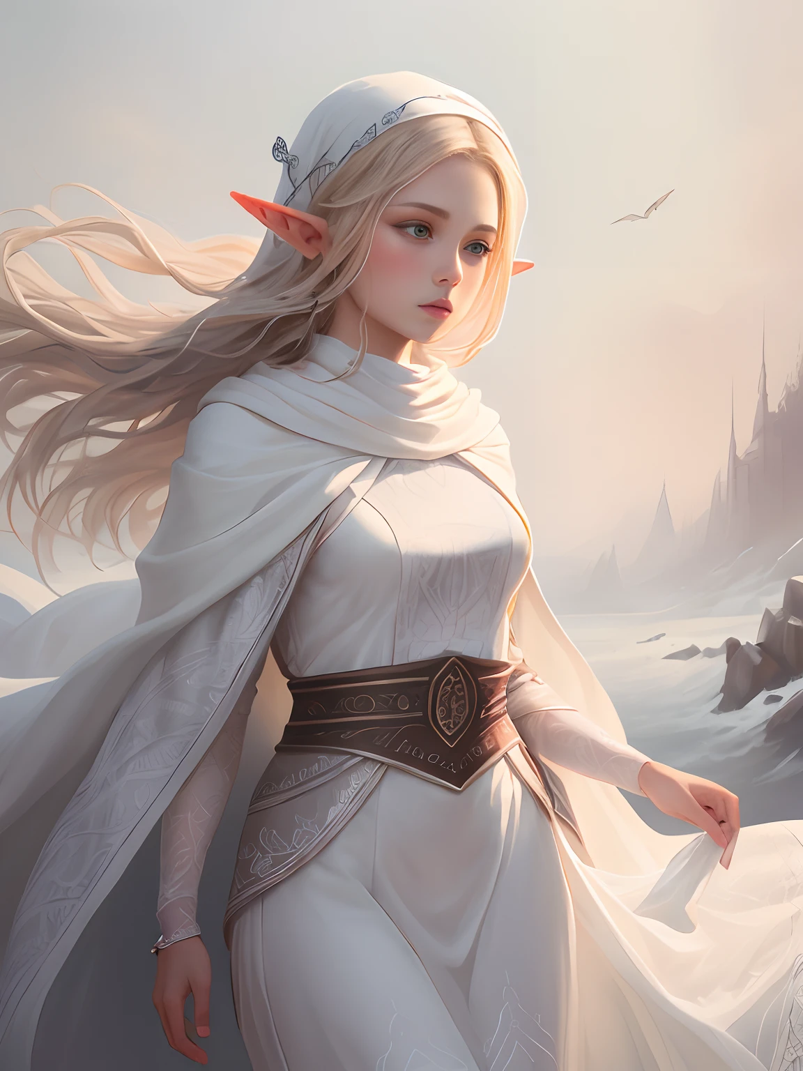 (elf:1.2) 1girl, flowing white dress, white cloak, flowing, (fabric with intricate pattern:1.2), (insanely detailed:1.2), ((masterpiece)), (painting:1.1), (digital painting:1.1)