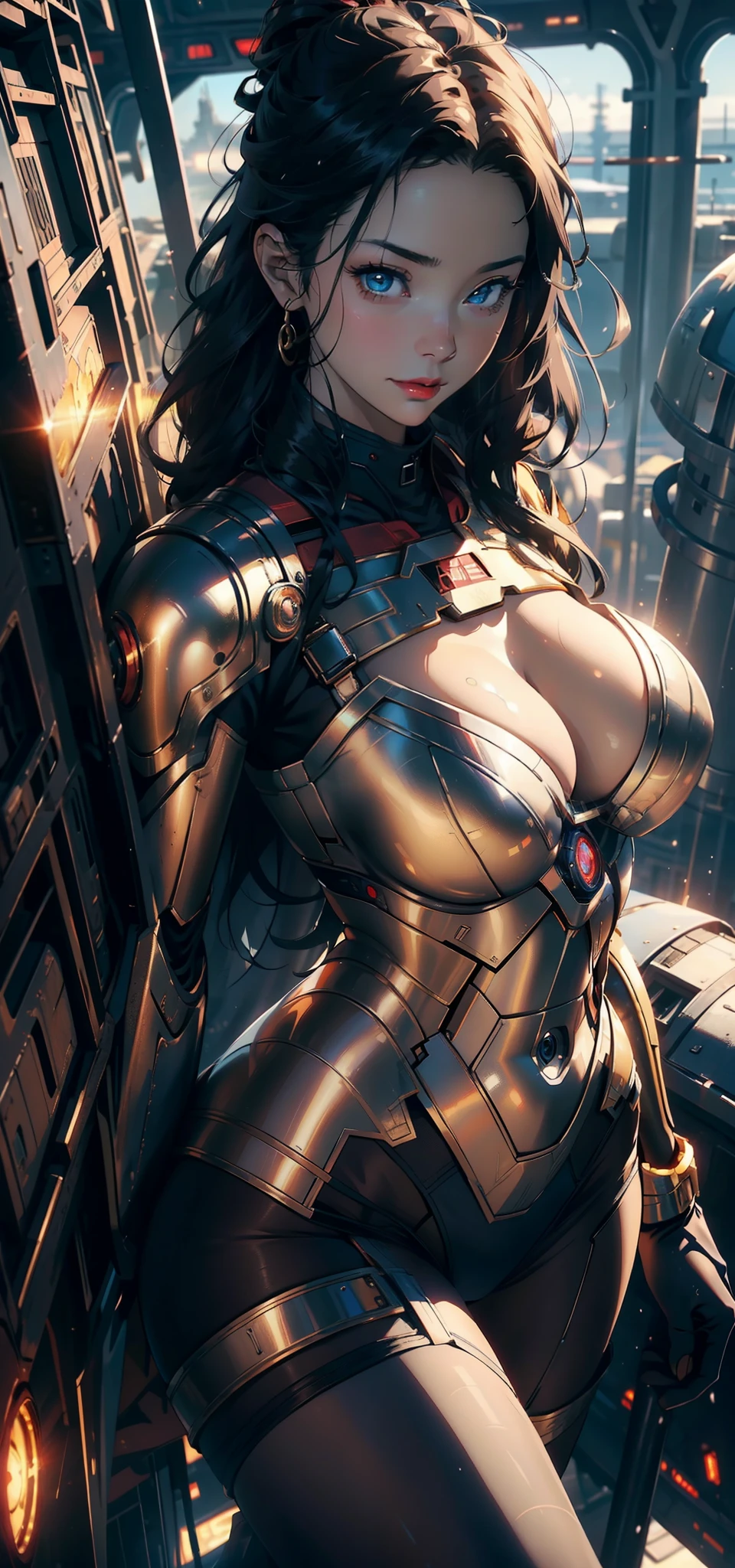 1female，35yo，plumw，extremely large bosom， 独奏，（Background with：Huge machinery，droid，aerodrome，Planes，Huge mechanical armor，） She has long black hair，Stand on the plane，，seen from the front， hair straight， mostly cloudy sky，（（（tmasterpiece），（Very detailed CG unity 8K wallpaper），best qualtiy，cinmatic lighting，detailed back ground，beatiful detailed eyes，Bright pupils，Blue eyes，Snow-whiteskin，Redlip（Very fine and beautiful），（Beautiful and detailed eye description），ultra - detailed，tmasterpiece，））facing at camera，A high resolution，ultra - detailed），revealing breasts，Bare genitalia，  Bulge，legs are open，Raised sexy，Camel toes，Flushed complexion，Desire for dissatisfaction，frontage，British Air Force，Supergirl，Aviator，（Wearing：Cloak，Black pantyhose，Iron Man armor，Gold wire embroidery，Armour，Bare breasts）cyber punk style