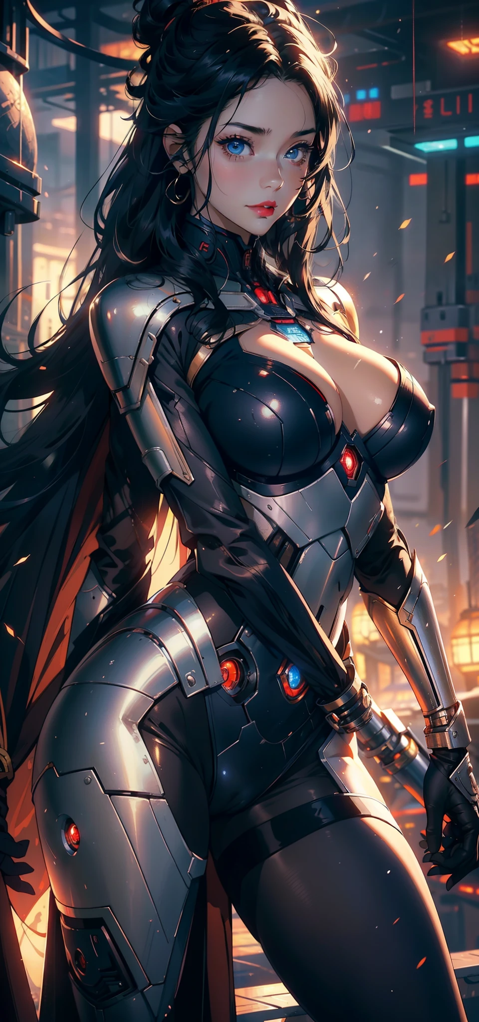 1female,35yo,plumw,extremely large bosom, 独奏,(Background with:Huge machinery,droid,aerodrome,Planes,Huge mechanical armor,) She has long black hair,Stand on the plane,,seen from the front, hair straight, mostly cloudy sky,(((tmasterpiece),(Very detailed CG unity 8K wallpaper),best qualtiy,cinmatic lighting,detailed back ground,beatiful detailed eyes,Bright pupils,Blue eyes,Snow-whiteskin,Redlip(Very fine and beautiful),(Beautiful and detailed eye description),ultra - detailed,tmasterpiece,))facing at camera,A high resolution,ultra - detailed),revealing breasts,Bare genitalia, Bulge,legs are open,Raised sexy,Camel toes,Flushed complexion,Desire for dissatisfaction,frontage,British Air Force,Supergirl,Aviator,(Wearing:Cloak,Black pantyhose,Iron Man armor,Gold wire embroidery,Armour,Bare breasts)cyber punk style