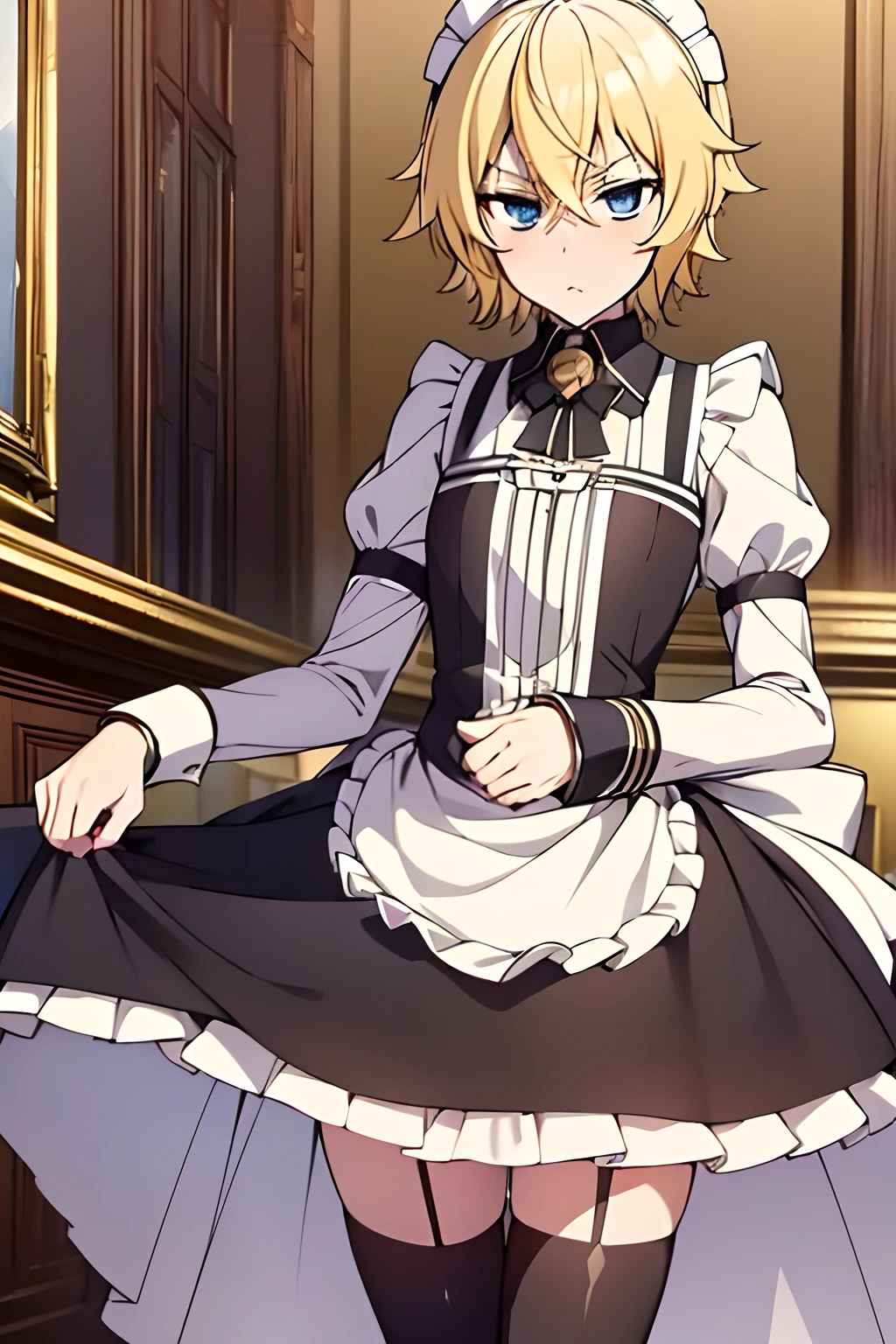 "(Best Quality,4k,8K,hight resolution,Masterpiece:1.2),(Masterpiece), Best Quality, expressive eyes, a perfect face, male, 1boy, solo, maid dress, Stockings, blush, lifts his skirt, in a cafe, Michaela, Mikaela Hyakuya, Michaela's outfit, blonde, blue eyes, Short hair, blusher