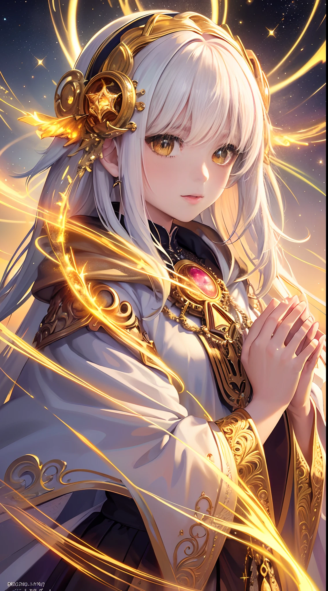 (masterpiece, top quality, best quality, official art, beautiful and aesthetic:1.2), (1girl), extreme detailed, (fractal art:1.3), colorful, highest detailed, perfect face, upper body, HDR, (praying:1.3), (white cloak golden lines:1.2), galaxy, (light streaks), striking visuals, (dynamic streaks, luminous trails:1.2), vibrant colors,