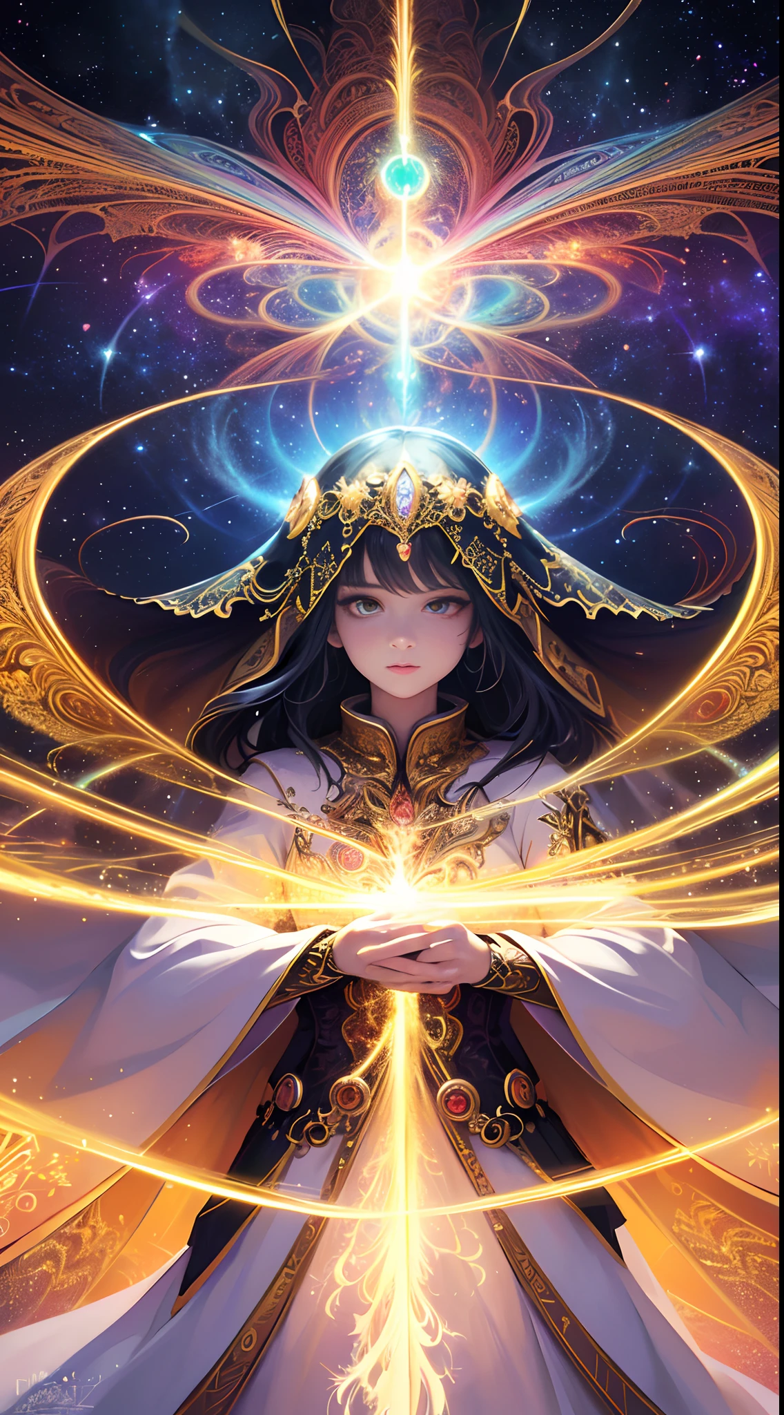 (masterpiece, top quality, best quality, official art, beautiful and aesthetic:1.2), (1girl), extreme detailed, (fractal art:1.3), colorful, highest detailed, perfect face, upper body, HDR, (praying:1.3), (white cloak golden lines:1.2), galaxy, (light streaks), striking visuals, (dynamic streaks, luminous trails:1.2), vibrant colors,