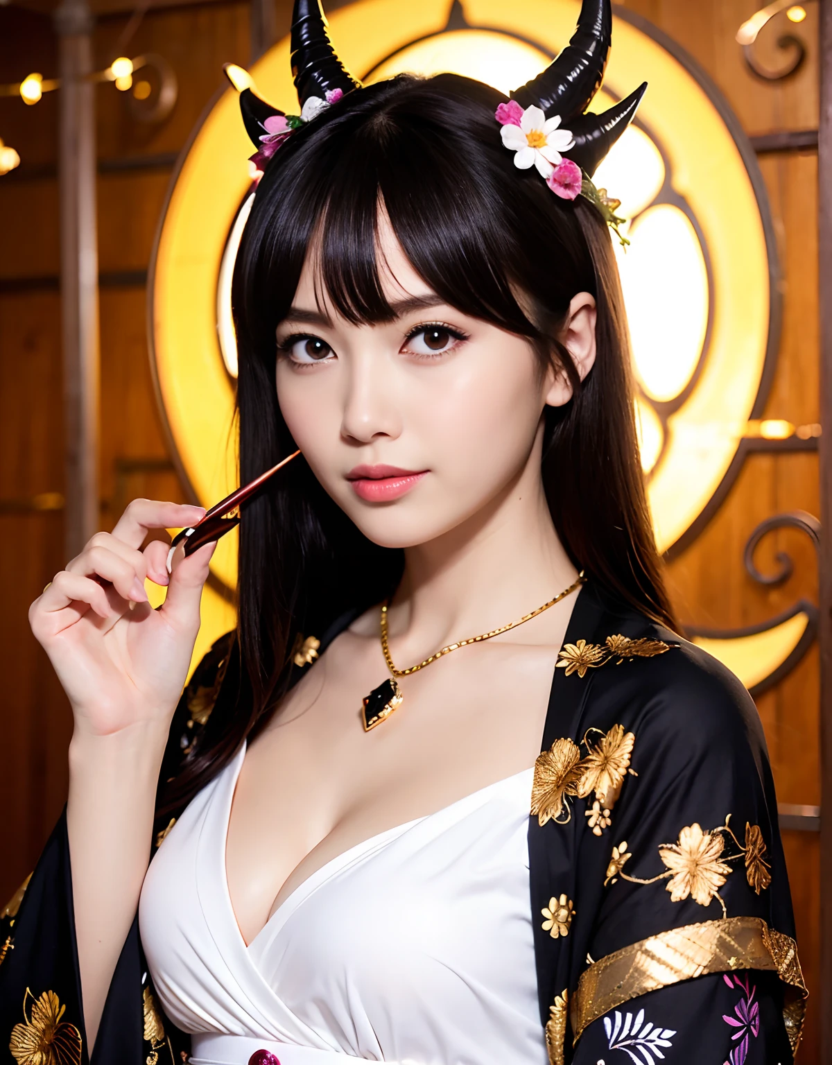 ((World of Darkness)),Professional , masterpiece、top-quality、photos realistic , depth of fields 、Dark Fantasy、(Ultimate Beauty)、A dark-haired、(White bikini armor)、(Kimono with beautiful pattern)、(Night background)、((a dark night)),(Wear a beautiful kimono),(Wear a beautiful kimono with colorful floral patterns)、Jewel Gold Weapon、Particles of light),(Has a devil's mask)、Gorgeous gold weapons ,(( Gorgeous Dragon Sword)) , (a dark night),,(maikurobikini) 、((Black Haired Beautiful Girl))、(Castle background)、(demonic wings)、((Gangle's forest background))、Beautiful Caucasian beauty、1a person、dynamic ungle,(((Two devil's horns on the head)))、Smaller head、Idle Smile、Thin and beautiful female hands、Mystical expression、Light Effects、intense fighting、Wind-effect、magic circles、With the legendary magic wand、Dragon's tail、