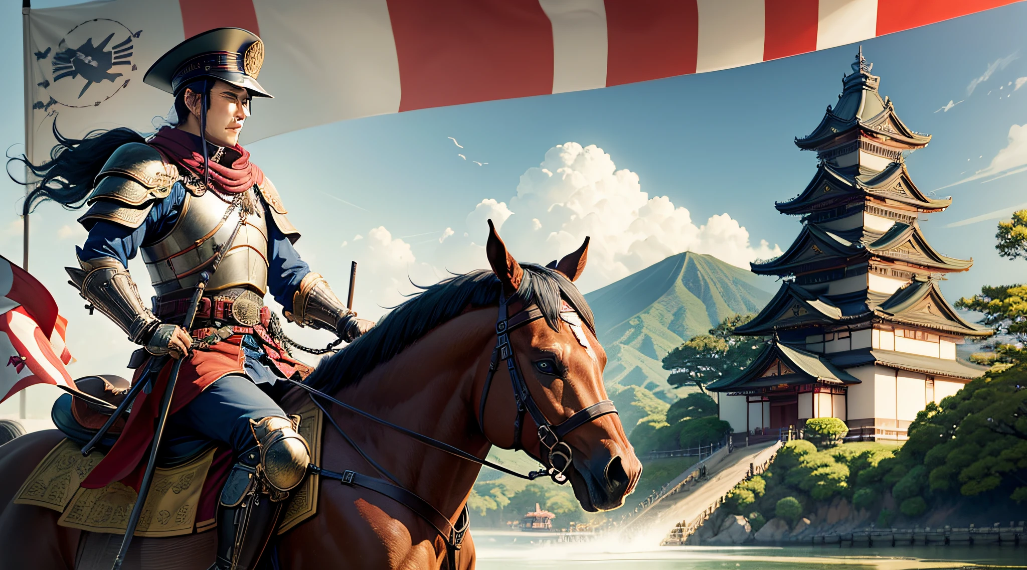 There is a man on a horse with a flag, japanes、family crest、Japanese armor、Japanese castle、Battle of Japan、jpn、jpn