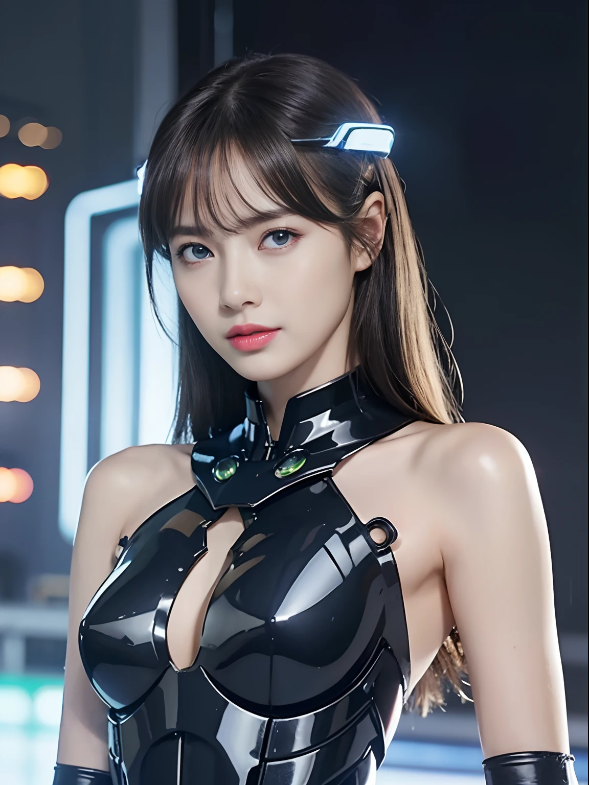 (Fight against mechanical robot soldiers)、top-quality、masterpiece、超A high resolution、(Wearing a futuristic transparent sun visor)、(Photorealsitic:1.4)、Raw photo、1人、Black hair、glowy skin、((1 Mechanical Girl))、((super realistic details))、portlate、(Small LED lamp)、Wire tubes that glow all over the body、globalillumination、Shadow、octan render、8K、Armpit、ultrasharp、Colossal tits、Small LED lamp、Raw skin is exposed in cleavage、metals、blood vessels connected to tubes、Red bodysuit、Armpit、Cyberpunk city background、Details of complex ornaments、Japan details、highly intricate detail、Realistic light、CGSoation Trends、Blue eyes、radiant eyes、Facing the camera、neon details、(Helmet of the Brave)、Mechanical limbs、blood vessels connected to tubes、Mechanical vertebrae attached to the back、mechanical cervical attaching to neck、Wires and cables connecting to the head、Gundam、Small LED lamp、Toostock、Toostock、