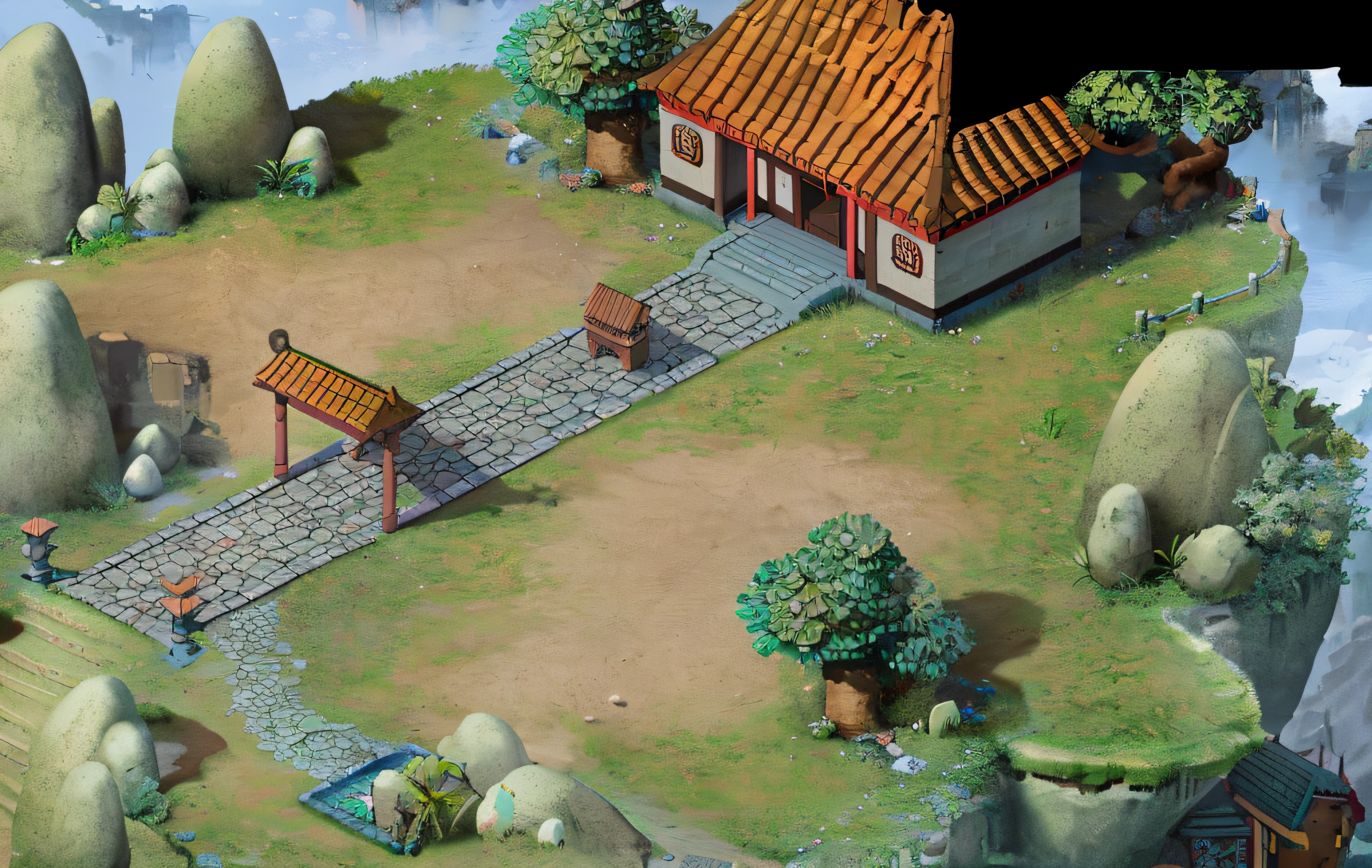 There is a small house with benches on the island, isometric game asset, 2d game environment design, rpg game environment asset, mobile game asset, isometric game art, isometric 2 d game art,, Inspired by Cao Zhibai, inspired by Dong Yuan