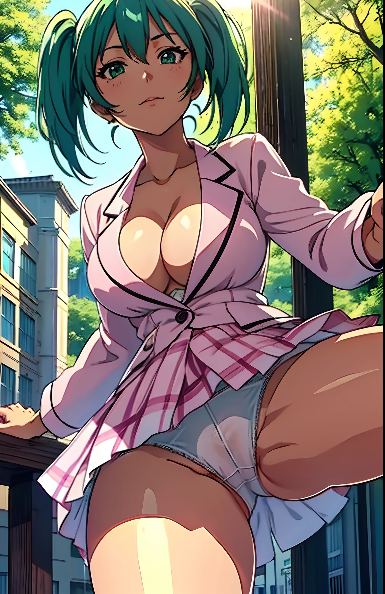 large full breasts、1 persons、Green hair、Twin-tailed、Pink checked miniskirt、a short skirt((Solo, 1girl in)), white shirt、Brown blazer、fine detailed shiny eyes,breastsout, High resolution, The best lighting, Extremely detailed illustrations, Realistic white panties, crotch seam, Cameltoe, window, NSFW, pantyshot, Spread legs,, No shorts, Dirty panties crotch、in a street