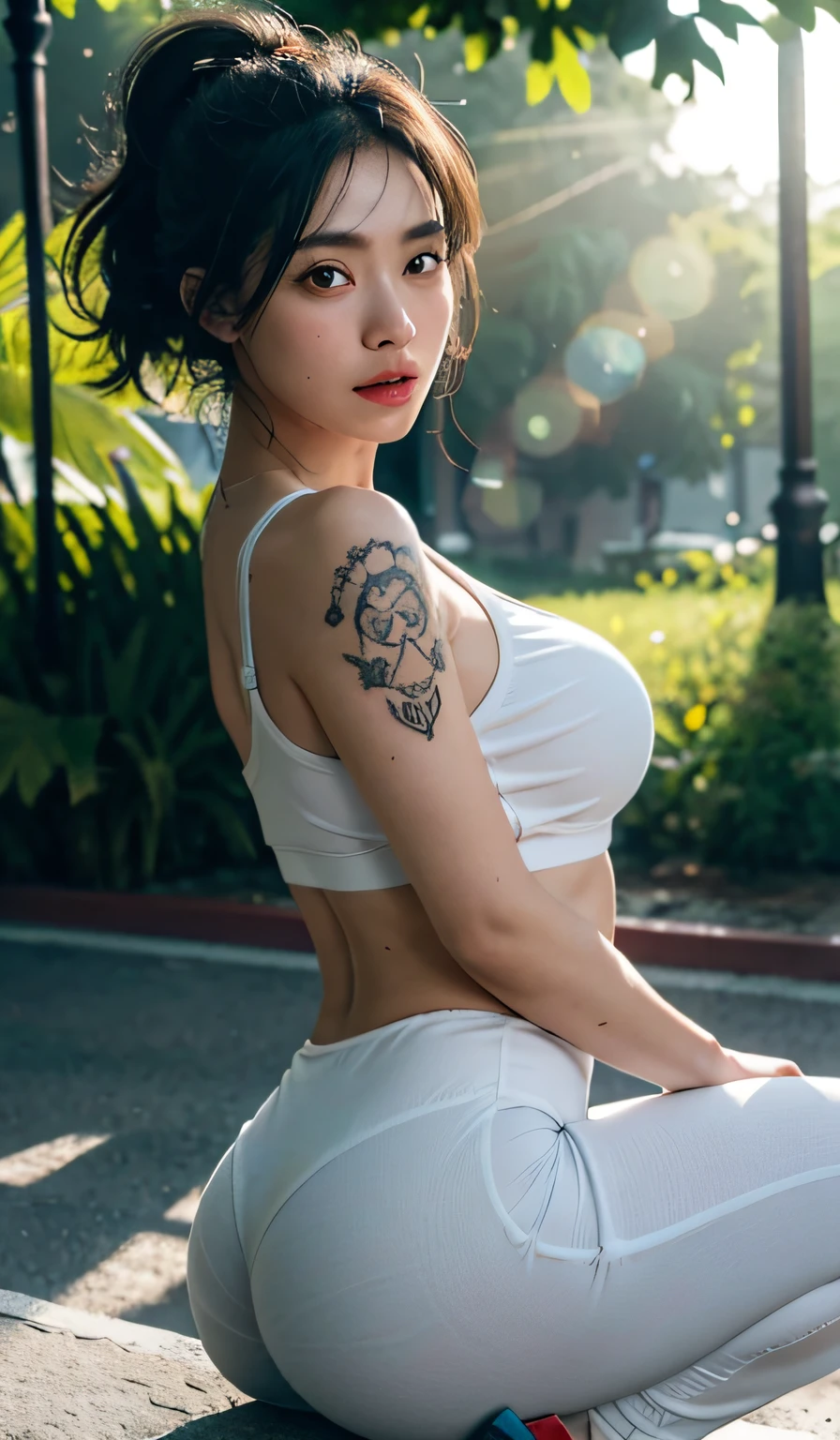 1个Giant Breast Girl， beautidful eyes，Red face，lips slightly open，full, symmetrical breasts，Convex buttocks，Skinny Sports Shirts，White Skinny Yoga Pants，Camel toes，The line between the thighs is detailed，White sneakers，black colored hair，High Ponytail，Strip strip，tattooed，running track，a park，jungles，lakes，chest close-up，Buttocks close up， nffsw（HighDynamicRange）， Ray traching， NVIDIA RTX， Hyper-Resolution， Unreal 5， sub-surface Scattering， PBR Textures， Post-processing， Anisotropy Filtering， depth of fields ，Maximum clarity and sharpness， multi-layer texture， Albedo e mapas Speculares， Surface Coloring， Accurate simulation of light-material interactions， rendering by octane， two tone lighting， Low ISO， White Balance， trichotomy， Large aperture， 8K Raw， high efficiency sub-pixel， sub-pixel convolution， （Luminescent particles：1.4）， {{tmasterpiece， best qualtiy， extremely details CG， Unity 8k壁纸， 。.3D， cinmatic lighting， Lens Flare Glow}}，