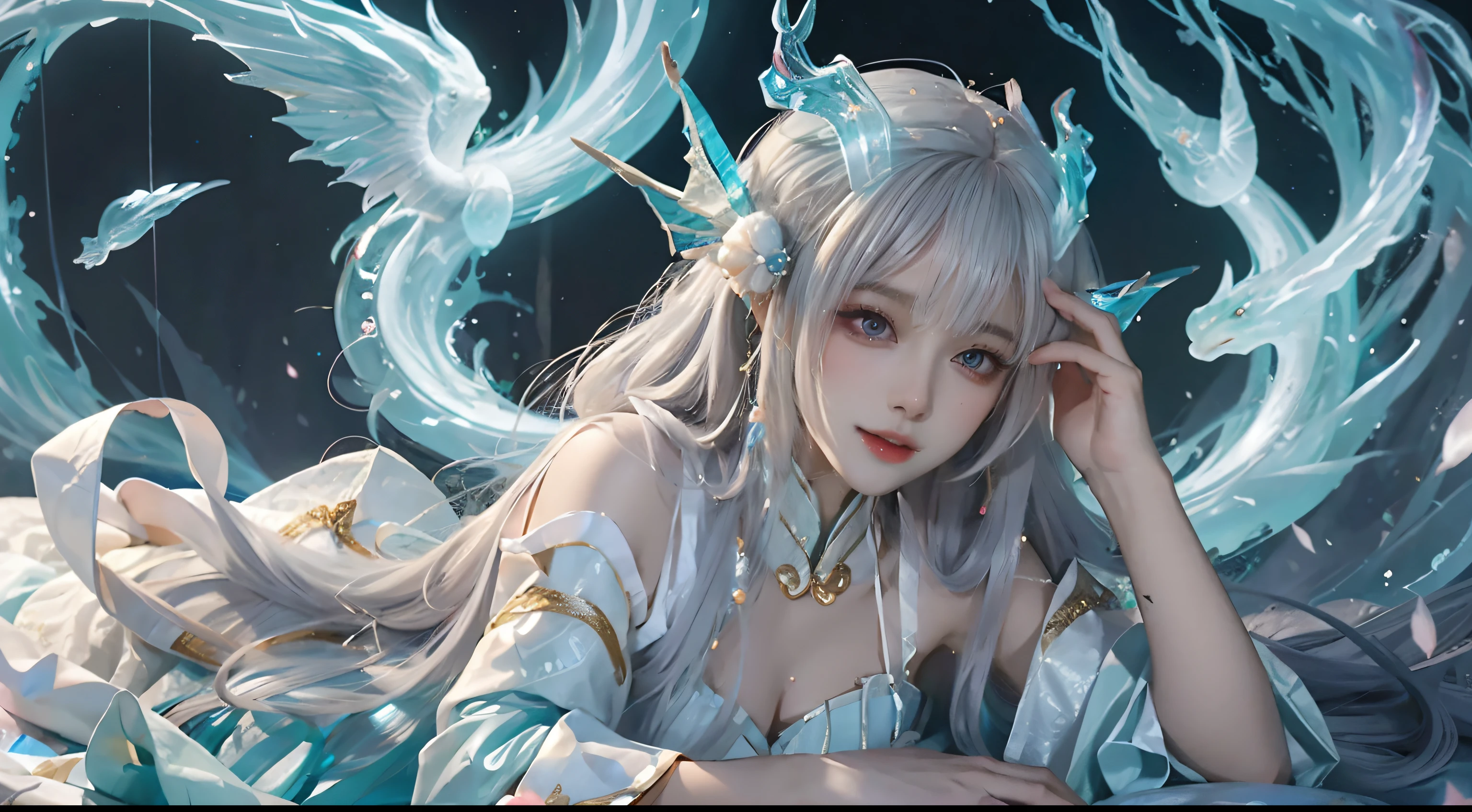 Close-up of a woman in a costume,Beautiful celestial mage,Amazing young ethereal characters,shaxi,A flowing magic robe,White Hanfu,xianxia fantasy,Beauty Delfin,Ethereal fantasy,Elegant and charming cosplay,Lying on your stomach underground,Feminine and colorful,It's tumultuous,nighttime scene,Lots of neon