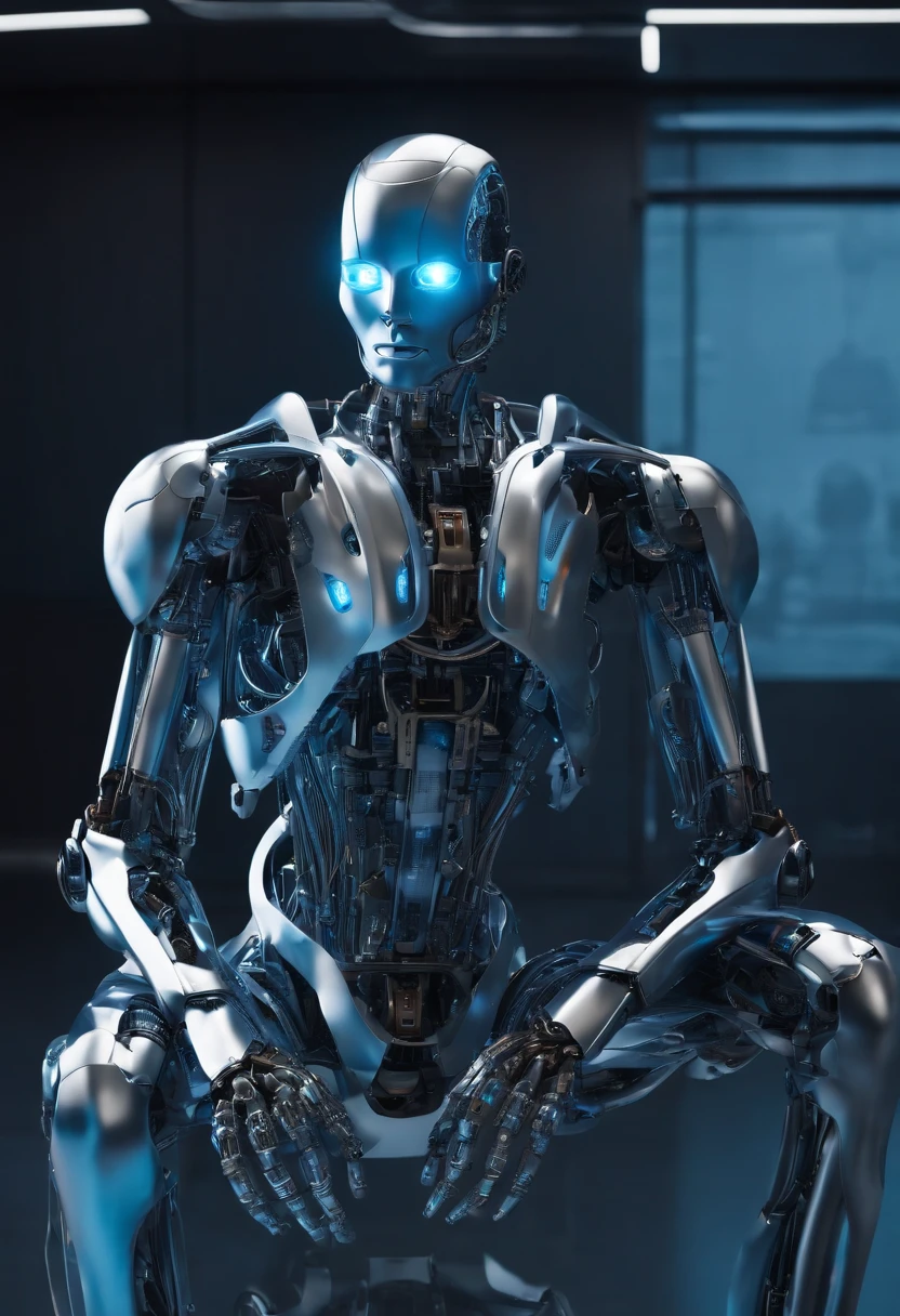 terminator 3', 'terminator \(series\)', 'T-X', 'T-X(terminator)', 'endoskeleton', 'chrome metal', '(metal skin:1.4)', practicing yoga '(glowing pupils:1.3)', 'blue pupils', '(robot joints:1.3)',