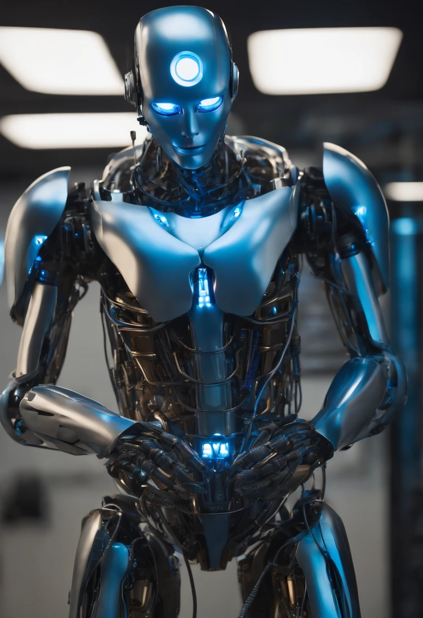 A realistic humanoid robot constructed of polished metal parts and cables, with eyes that glow blue, sits in a minimalist futuristic room, da Vinci style, by the vision of James Webb