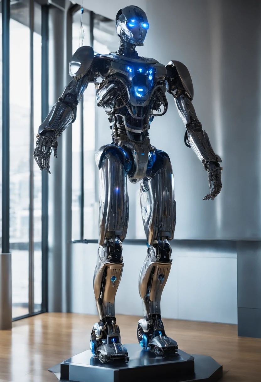 A realistic humanoid robot constructed of polished metal parts and cables, with eyes that glow blue, sits in a minimalist futuristic room, da Vinci style, by the vision of James Webb