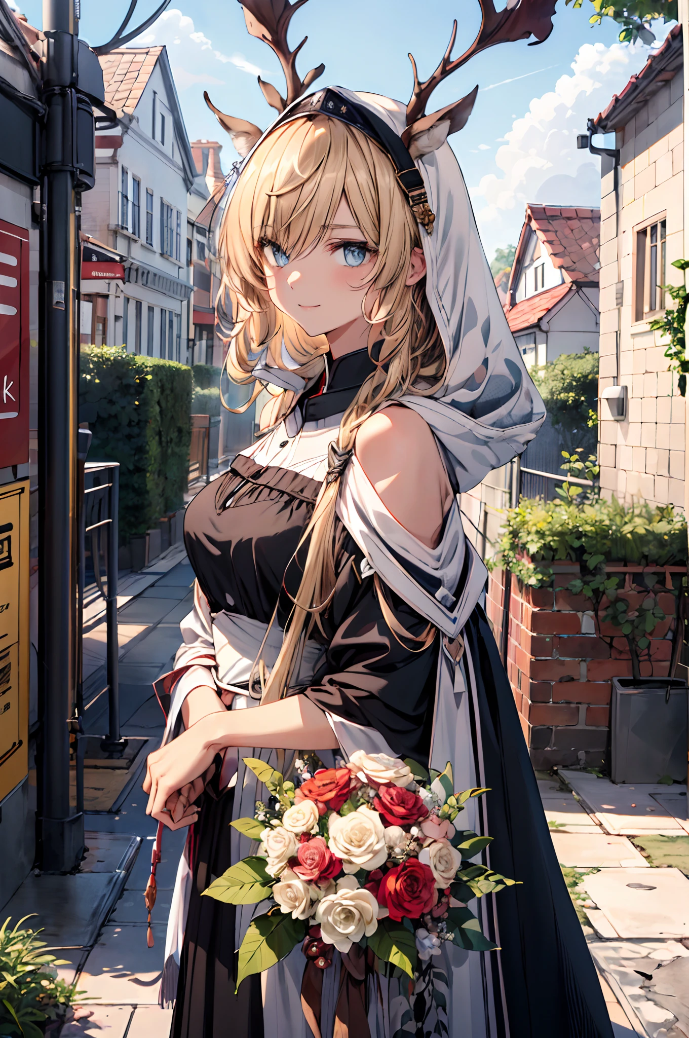 (((Masterpiece))),(incredibly_absurderes),(Best quality),(A high resolution),(Highly detailed),((CG unity 8k wallpaper)),(tmasterpiece、top-quality、illustratio、Extremely high quality、high-level image quality、Extremely sensitive writing)Blonde girl standing in beautiful garden、A slight smile、She has a large bouquet、Cute national costume style dress,There are ruffles on the shoulders、Hair fluttering in the wind
