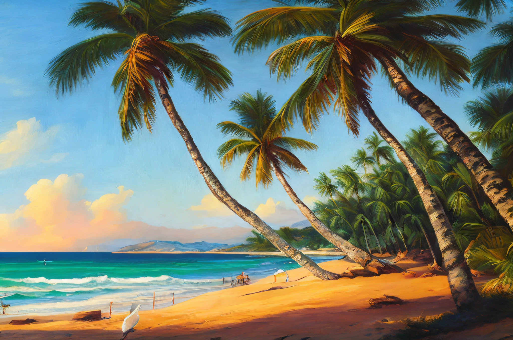 A traditional oil painting depicting a serene beach scene at dawn, with soft pastel colors, gentle waves lapping against the shore, palm trees swaying in the breeze, and seagulls soaring in the clear sky, presented in a classic, sunlight, glow, scenery concept art, overgrowth. by Renoir , relaxing concept art, traditional classic concept art, a beautiful artwork illustration. high detail, background art, detailed concept art, environment design illustration, concept art highly detailed