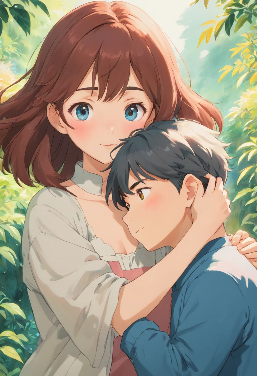 (ultra-detailed,highres,realistic:1.37),anime,portraits,human,adult female,boy,loving relationship,gentle expression,soft touch,beautiful detailed eyes,beautiful detailed lips,peaceful environment,hazy sunlight,motherly love,subtle color palette,emotional connection,warm atmosphere,supportive gestures