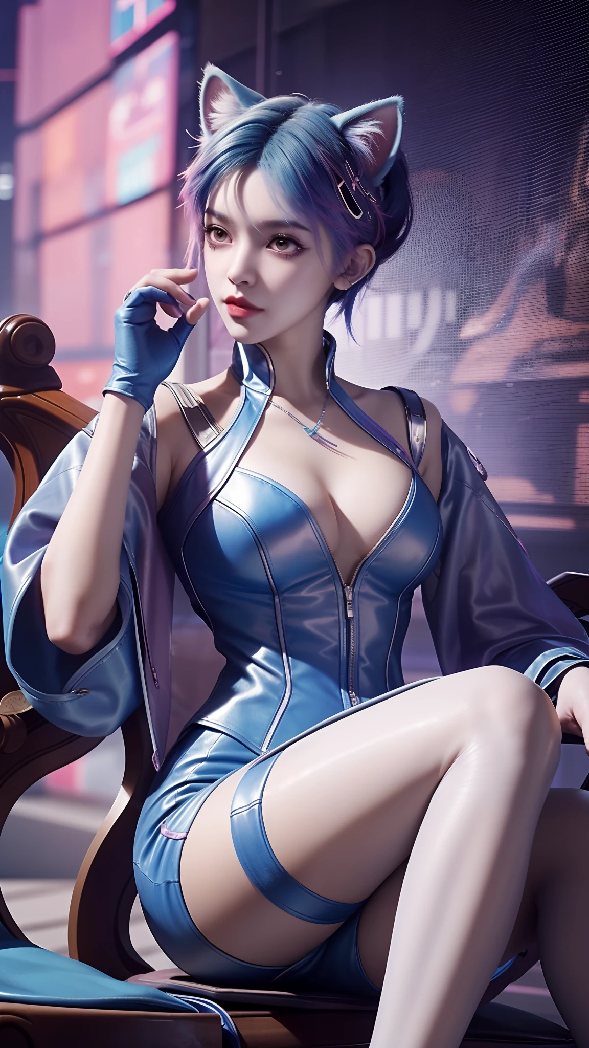 There is a woman sitting on a chair,Wearing a cat's costume, cyberpunk anime girl, female cyberpunk anime girl, cyber school girl, Cyberpunk 2 0 y. o model girl, dreamy cyberpunk girl, Digital cyberpunk anime art, muted cyberpunk style, Cyberpunk costumes, anime cyberpunk art, trending on cgstation, cyberpunk anime girl mech, cyberpunk anime art, cyberpunk femme fatale