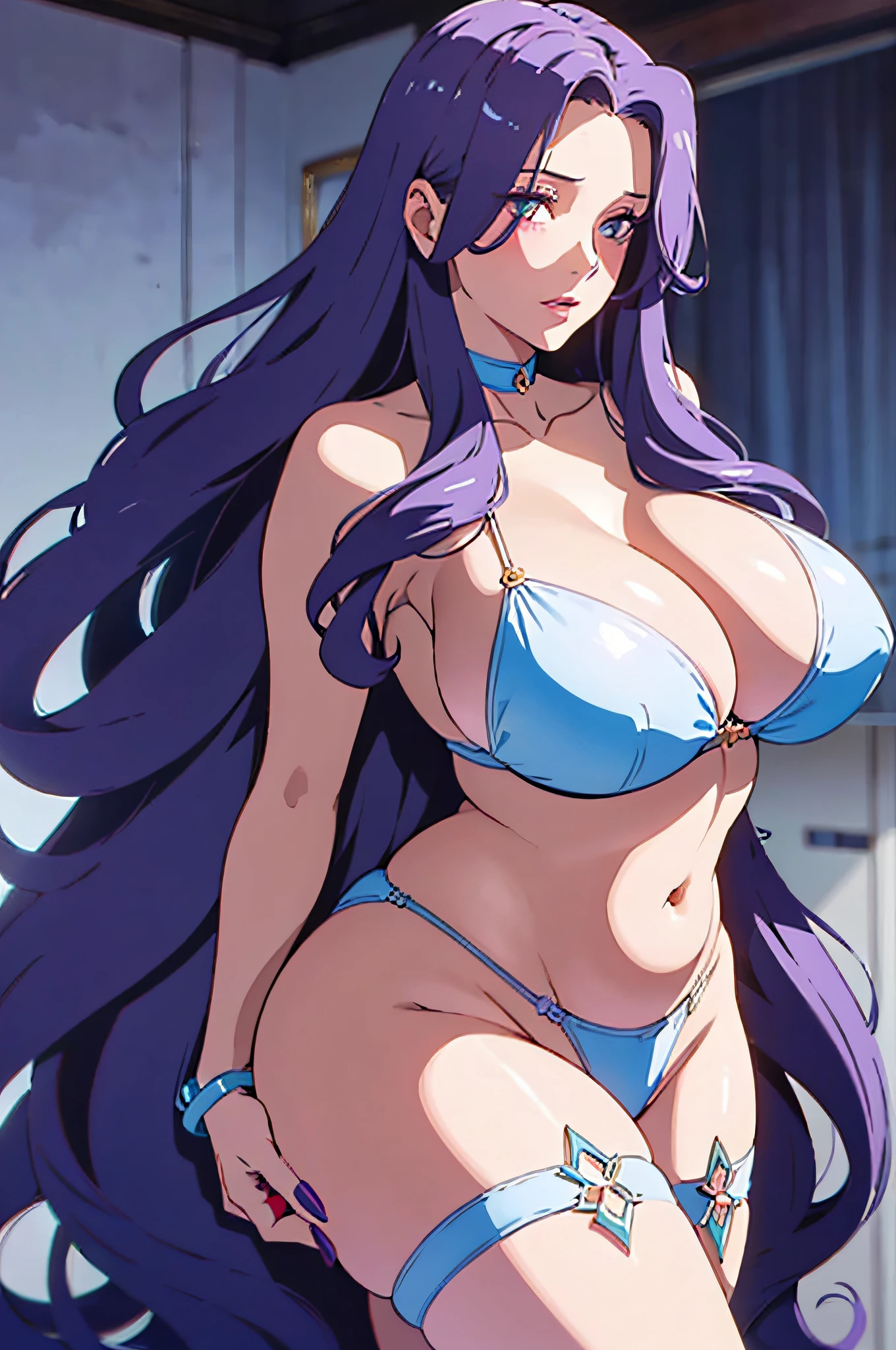 8K , Medusa Fate , Medusa FGO , Ufotable original character, long purple hair, ,ultra detailed purple eyes ,majestic eyes , purple hair, open forehead, long straight hair, anime girl ,blue liptick , puffy lips, smokey makeup, eyelashes, one girl , Tall goddess, 185cm+ height , ((1:8 head to body proportions)), ,Beautiful caucasian mature woman with pale white skin , extremely delicate and beautiful woman, long legs, PAWG, ((giant tits , H-cup)) , huge ass , wide hips, curvy, soft belly , bbw girl, sexually aroused,excited and blushing , Submissive girl, Mature milf queen, royalty, lustful expression , expressive face , half body, white-blue color outfit, fully clothed, open cleavage,royalty, milf, queen