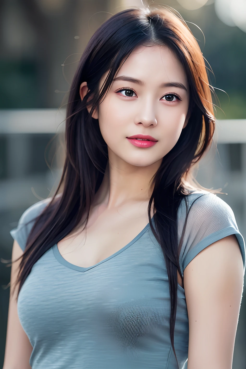 dressed, (photo realistic:1.4), (hyper realistic:1.4), (realistic:1.3),
(smoother lighting:1.05), (increase cinematic lighting quality:0.9), 32K,
1girl,19yo girl, realistic lighting, backlighting, light on face, ray trace, (brightening light:1.2), (Increase quality:1.4),
(best quality real texture skin:1.4), finely detailed eyes, finely detailed face,
(tired and sleepy and joy), (laugh:0), face closeup, t-shirts,
(Increase body line mood:1.1), (Increase skin texture beauty:1.1)