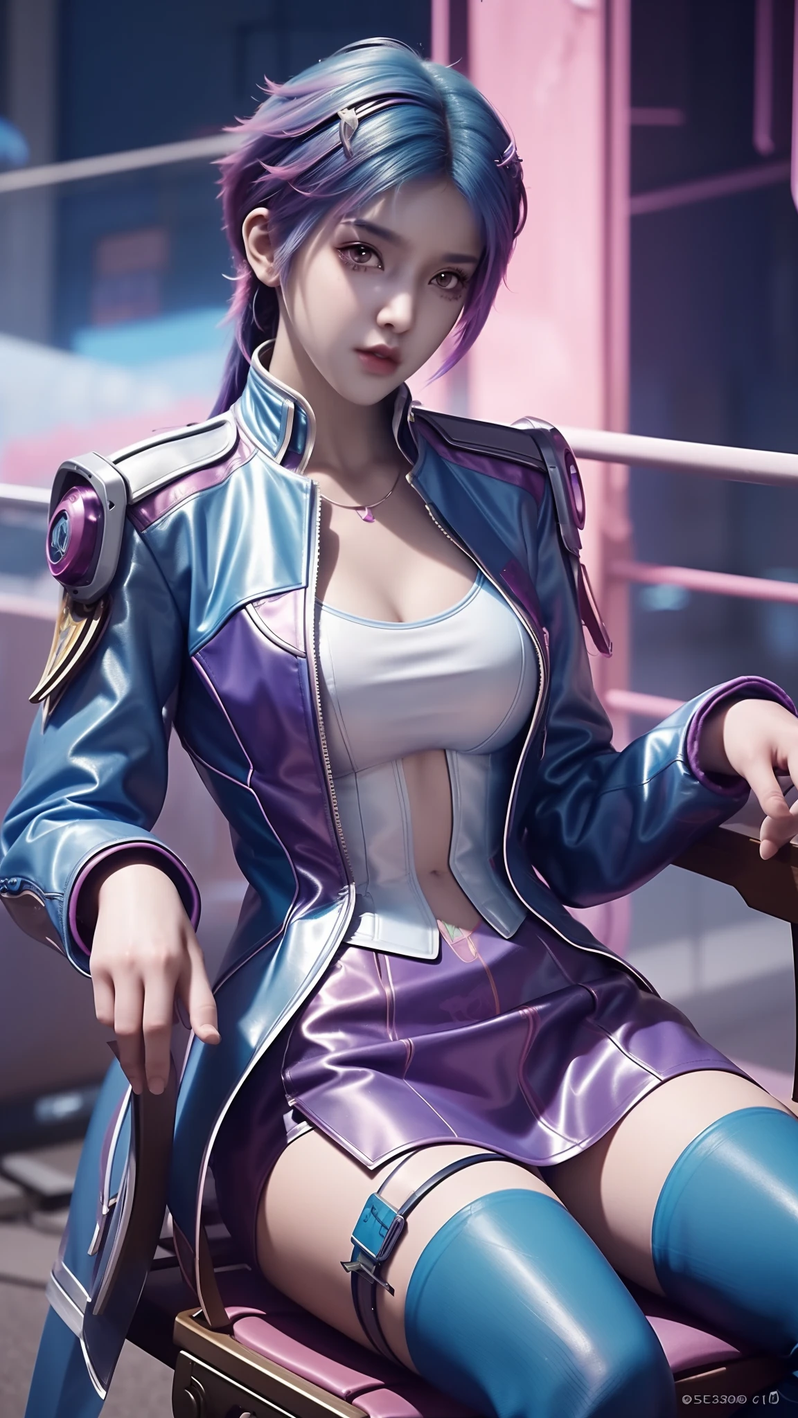 There is a woman sitting on a chair, cyberpunk anime girl, female cyberpunk anime girl, cyber school girl, Cyberpunk 2 0 y. o model girl, dreamy cyberpunk girl, Digital cyberpunk anime art, muted cyberpunk style, Cyberpunk costumes, anime cyberpunk art, trending on cgstation, cyberpunk anime girl mech, cyberpunk anime art, cyberpunk femme fatale，Student style，guard