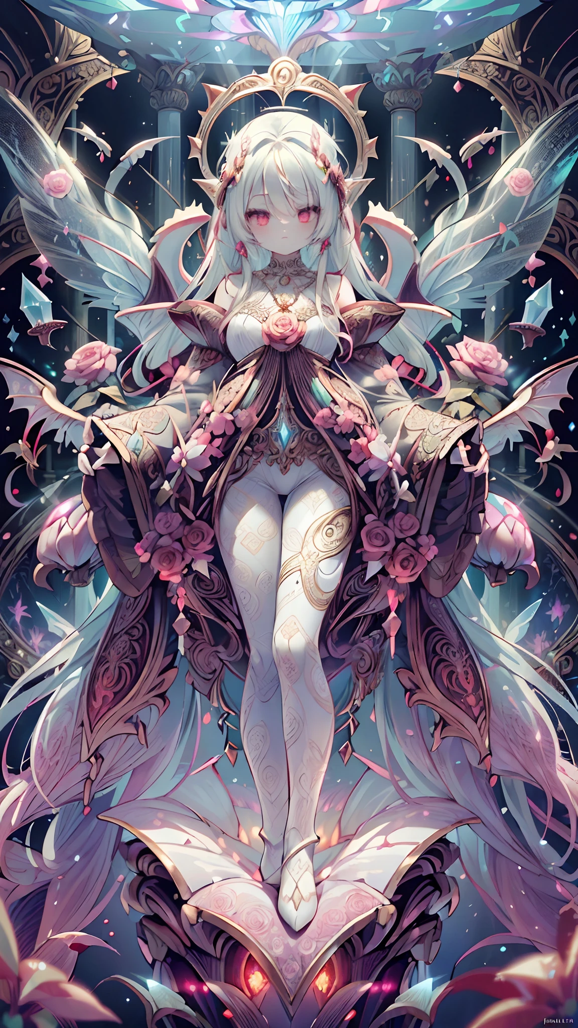 ((Stunning female ornate Alien Vampire Angel Princess)) with white long flowing hair, bright beautiful red eyes, holographic futuristic top, holographic pants, hyper detailed, (beautiful intricate detailed face), approaching perfection, ornate, elegant, luxury, beautiful character design, luminous studio design, award winning, masterpiece, roses, crystal snowflake necklace, white and pink tetradic colors