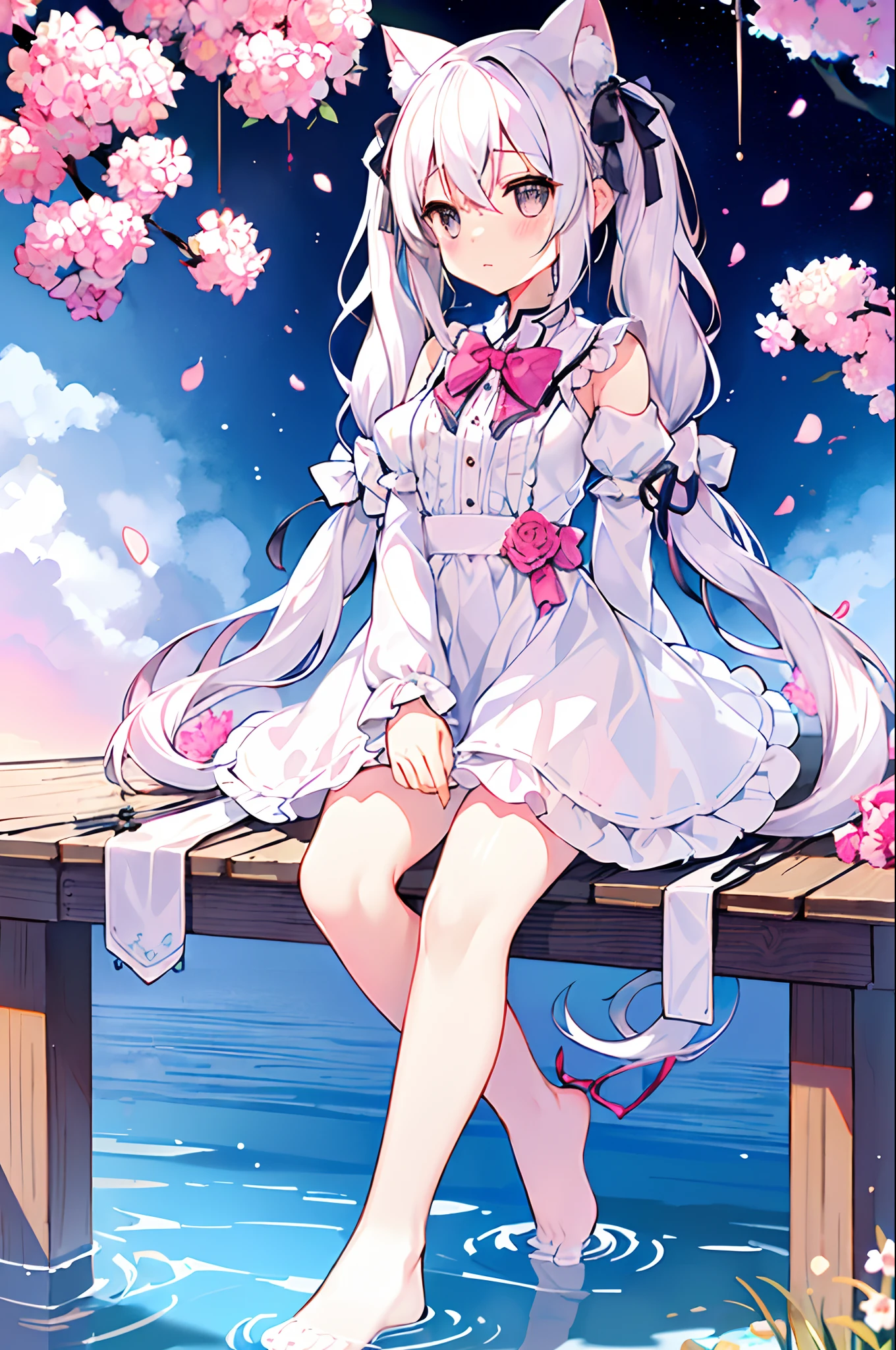 (without shoes:1.3)、[(White background:1.35)::0.25]、(Bottle bottom:0.9)、mid-shot、full body Esbian、florals、floating flower petals、stone fragment、beautiful detailed water、​​clouds、suns、evening、Sunset、、(独奏: 1.2)、(masuter piece)、(top-quality)、(Highly detailed CG Unity 8K wallpapers)、(hight resolution)、(Best Background Details: 1.26)、(best character detail: 1.36)、(pastels) (Curly):1.35)、kirakira、1人、(white  hair:1.2)、Gray eyes、Cat's ears、(Cat lady:1.1)、eyes hair、((Low twintail))、long、Hair Ribbon、hair adornments、bowtie、Fur Trim Dress、((blanche:1.2) Thigh:1.3)、、illustratio、accumulation、The table、florals、the bow、bangss、The tree、frilld、long-sleeve、bowtie、pink flowers、a closed mouth、The shirt、plein air、pink bows、Grassy、Yellow bow、saucer、[(Ukishima:1.2、​​clouds)::5]