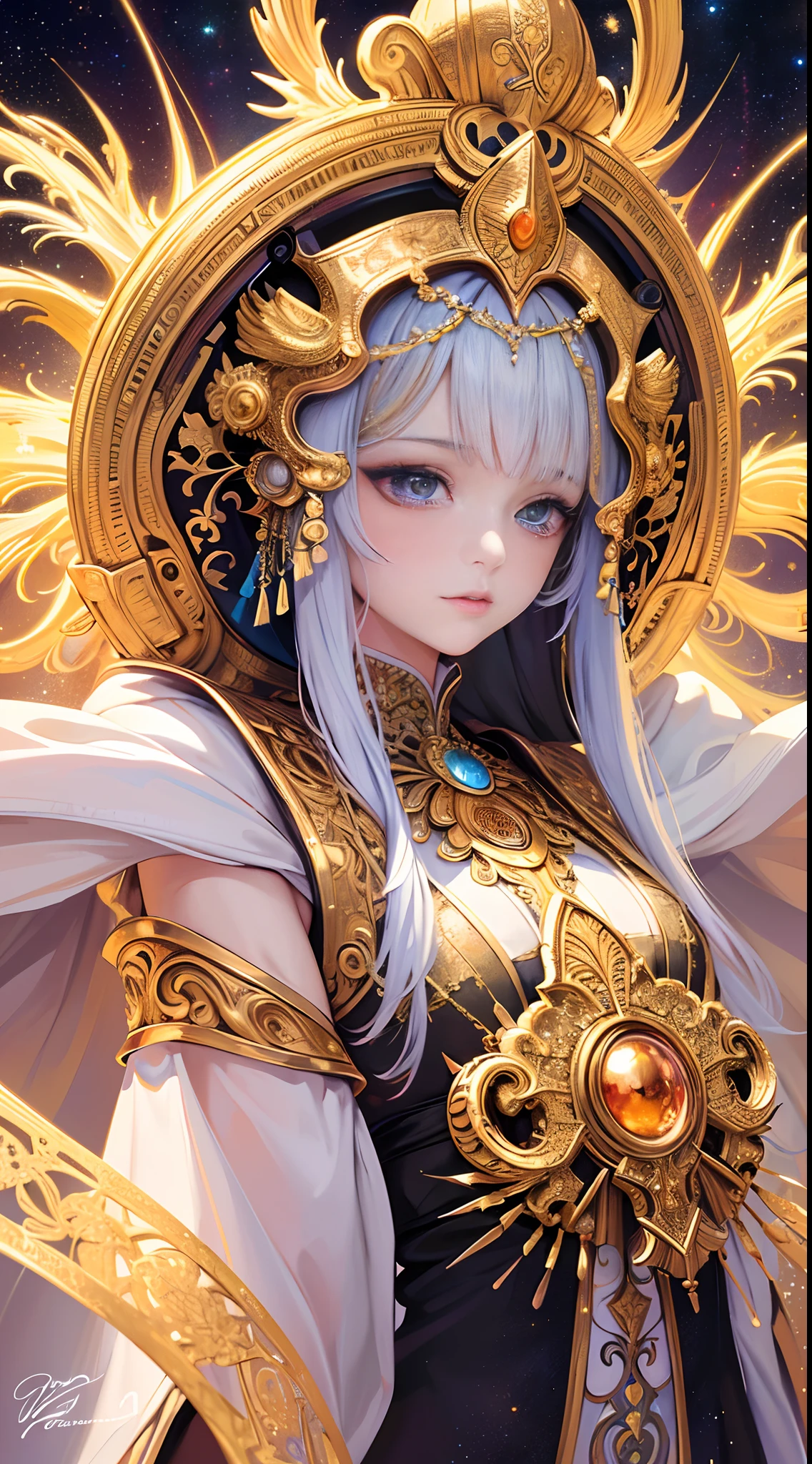 (masterpiece, top quality, best quality, official art, beautiful and aesthetic:1.2), (1girl), extreme detailed, (fractal art:1.3), colorful, highest detailed, perfect face, upper body, HDR, (praying:1.3), (white cloak golden lines:1.2), galaxy, (light streaks), striking visuals, (dynamic streaks, luminous trails:1.2), vibrant colors,