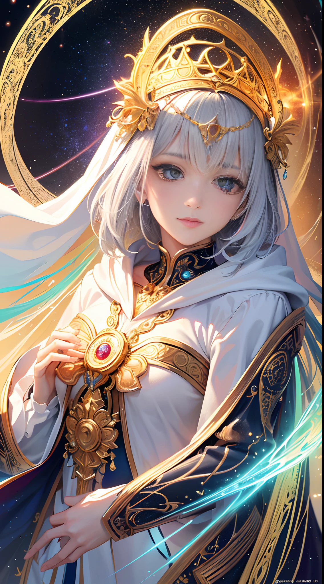 (masterpiece, top quality, best quality, official art, beautiful and aesthetic:1.2), (1girl), extreme detailed, (fractal art:1.3), colorful, highest detailed, perfect face, upper body, HDR, (praying:1.3), (white cloak golden lines:1.2), galaxy, (light streaks), striking visuals, (dynamic streaks, luminous trails:1.2), vibrant colors,