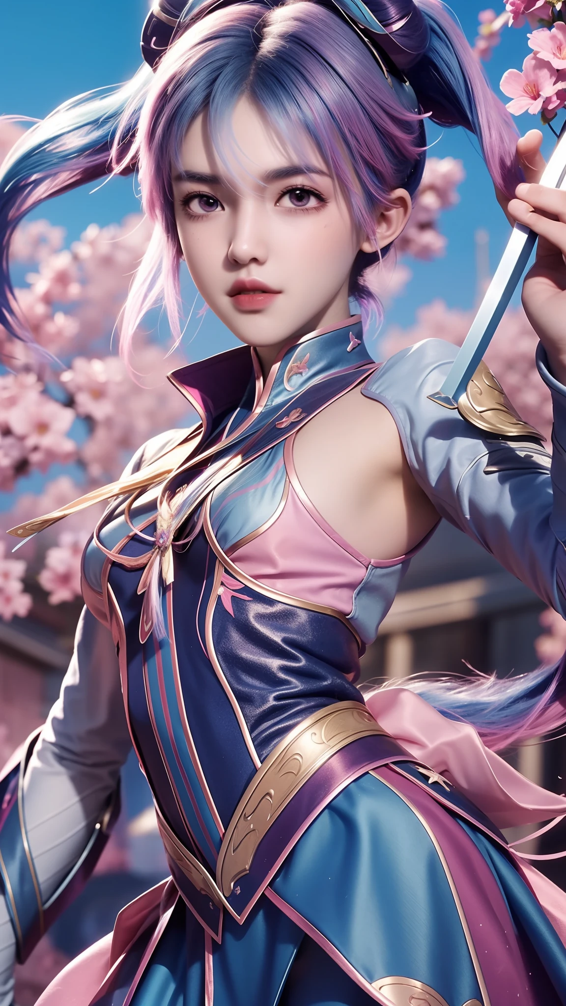 Ninja woman with peace headset, Bright eyes with stars, beautiful  face, RGB kernel, Bright pink hair, colorful anime, Bright background, Banner for Youku video, happy girls, Cloud with RGB cores, Bright RGB kernel, completo, Immortals, Gamer girl with sword in hand, banks.