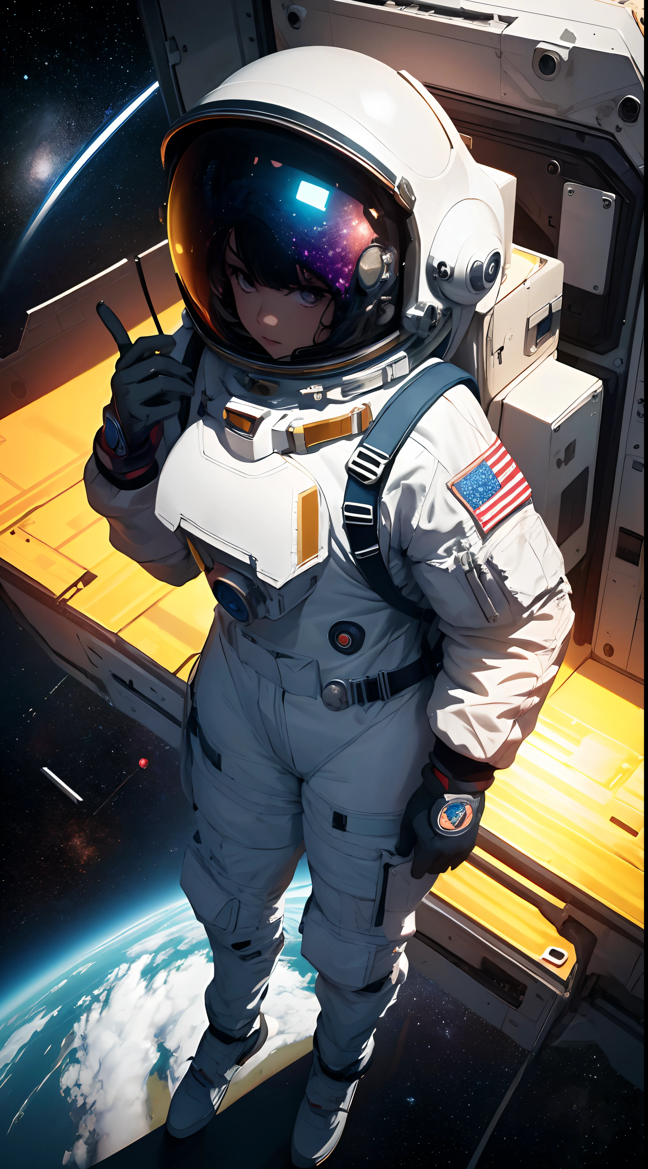 (best quality, masterpiece:1.1),   full body,     (1female), arrogant face, yellow hair, long hair, hair over eyes,        (thick space suit, astronaut:1.2), ( space, star (sky), starlight, on the moon, starry sky, blue star, planet),