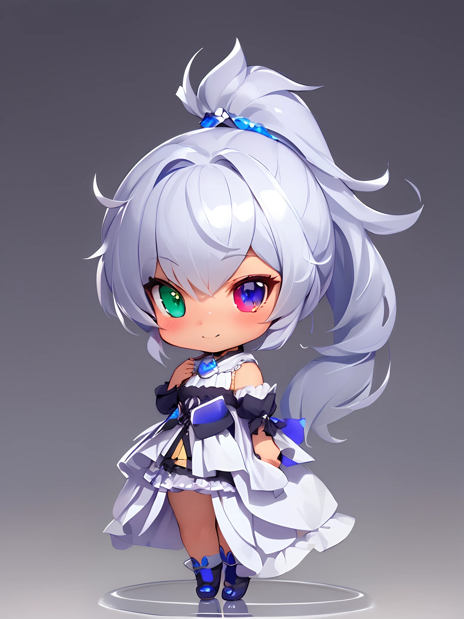 masterpiece、top-quality、Photorealsitic、ultra-detailliert、delicate、orderly,High Detail、(cute little)、Beautiful fece、An majestic、Glossy、shinny skin、bluish-silver ponytail、 (drooping iris heterochromia iris:1.3)、15yo student、Girl with a gentle smile、A shy girl、thin、(radiant eyes:1.2)、ambient occlusion,ambient lights,ray trace reflection, blured background、deep-shadows、fullllbody,(Chibi:1.2)
