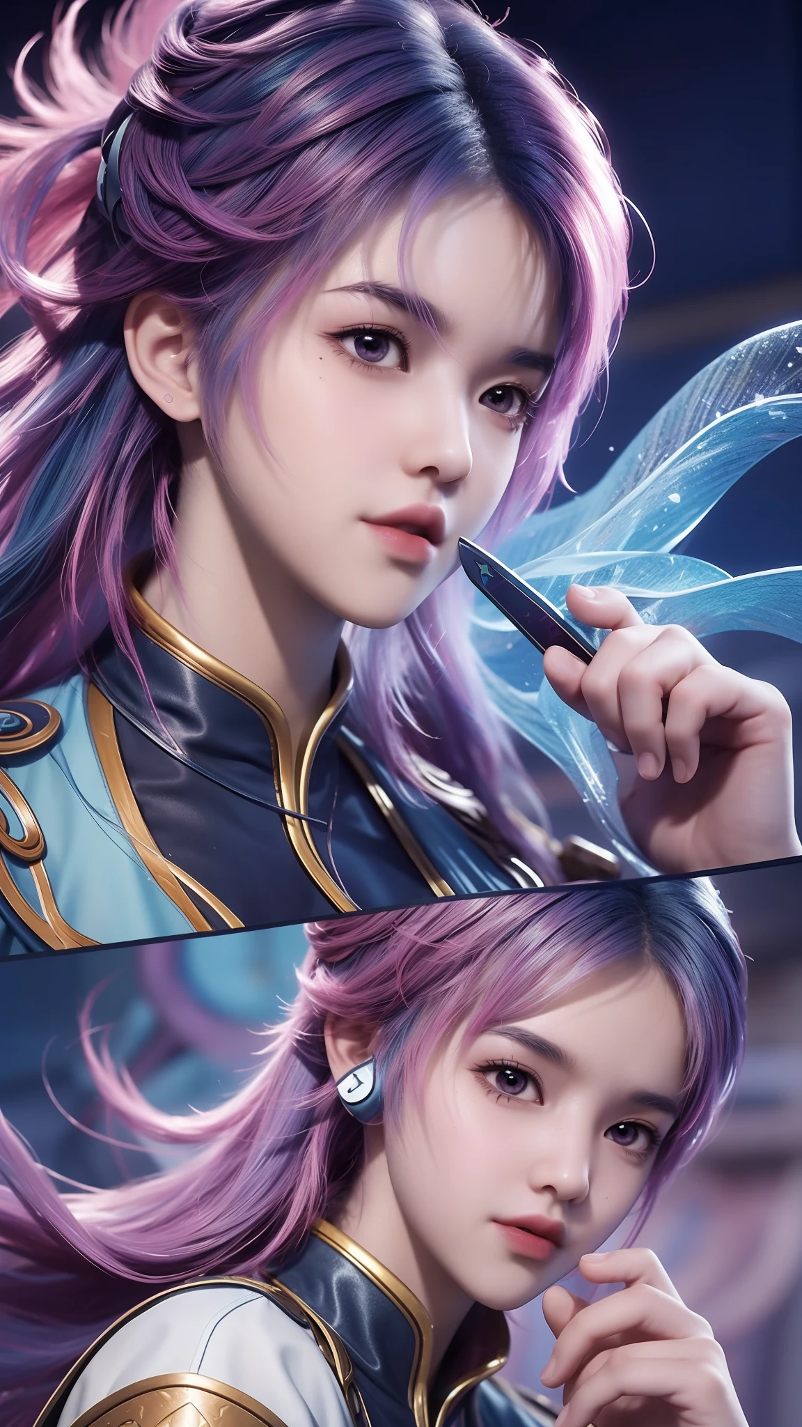 Ninja woman with peace headset, Bright eyes with stars, beautiful face, RGB kernel, Bright pink hair, colorful anime, Bright background, Banner for Youku video, happy girls, Cloud with RGB cores, Bright RGB kernel, completo, Immortals, Gamer girl with sword in hand, banks.