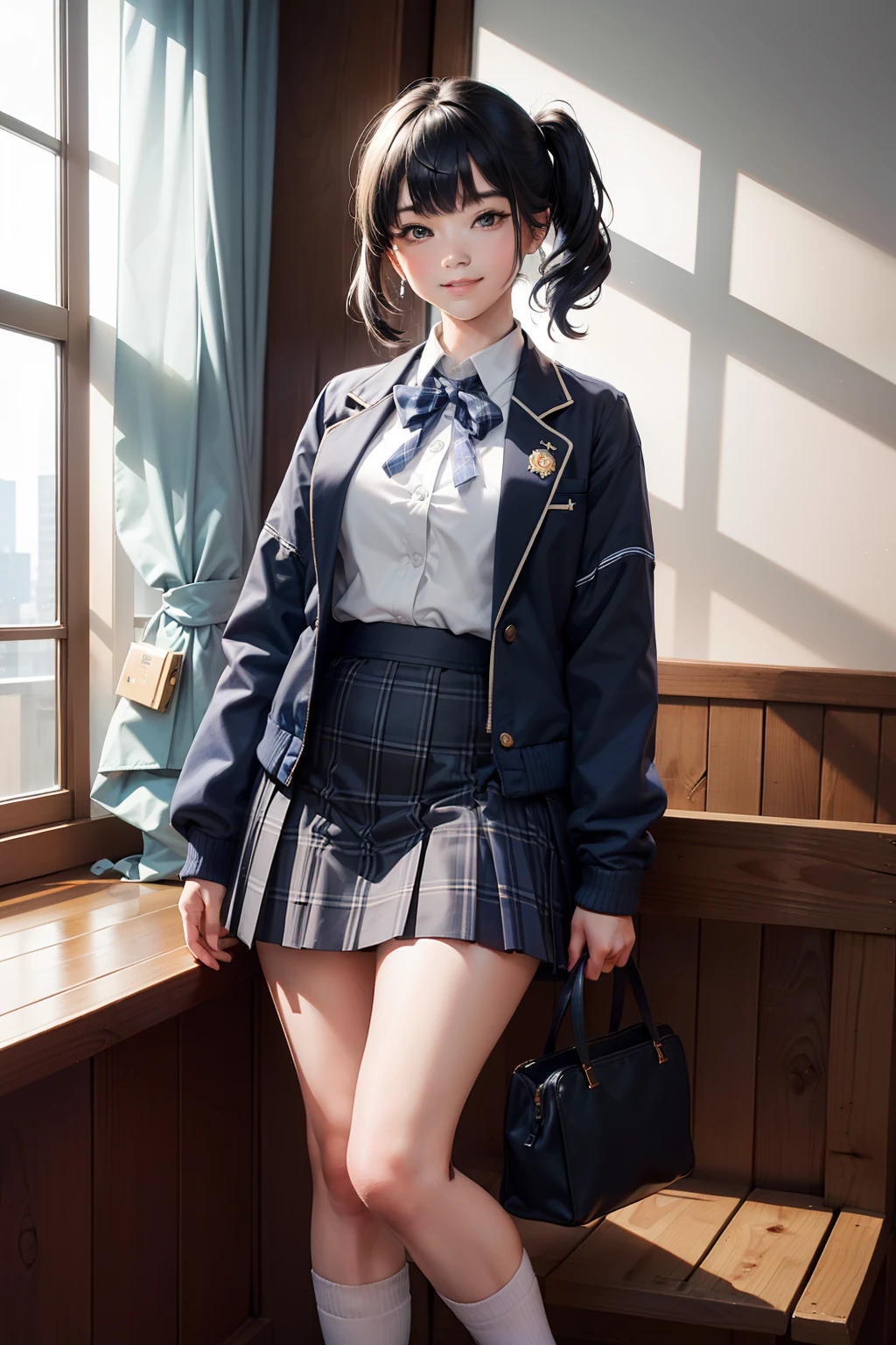 masutepiece, Super Detail, High quality, awardwinning, 8K, (girl), Solo, Smiling, japanese hight school uniform, (All jackets are dark navy blue), White shirt, Short skirts are plaid, Socks are dark navy, Theme color is dark navy, Subcolor is white, Full body shot