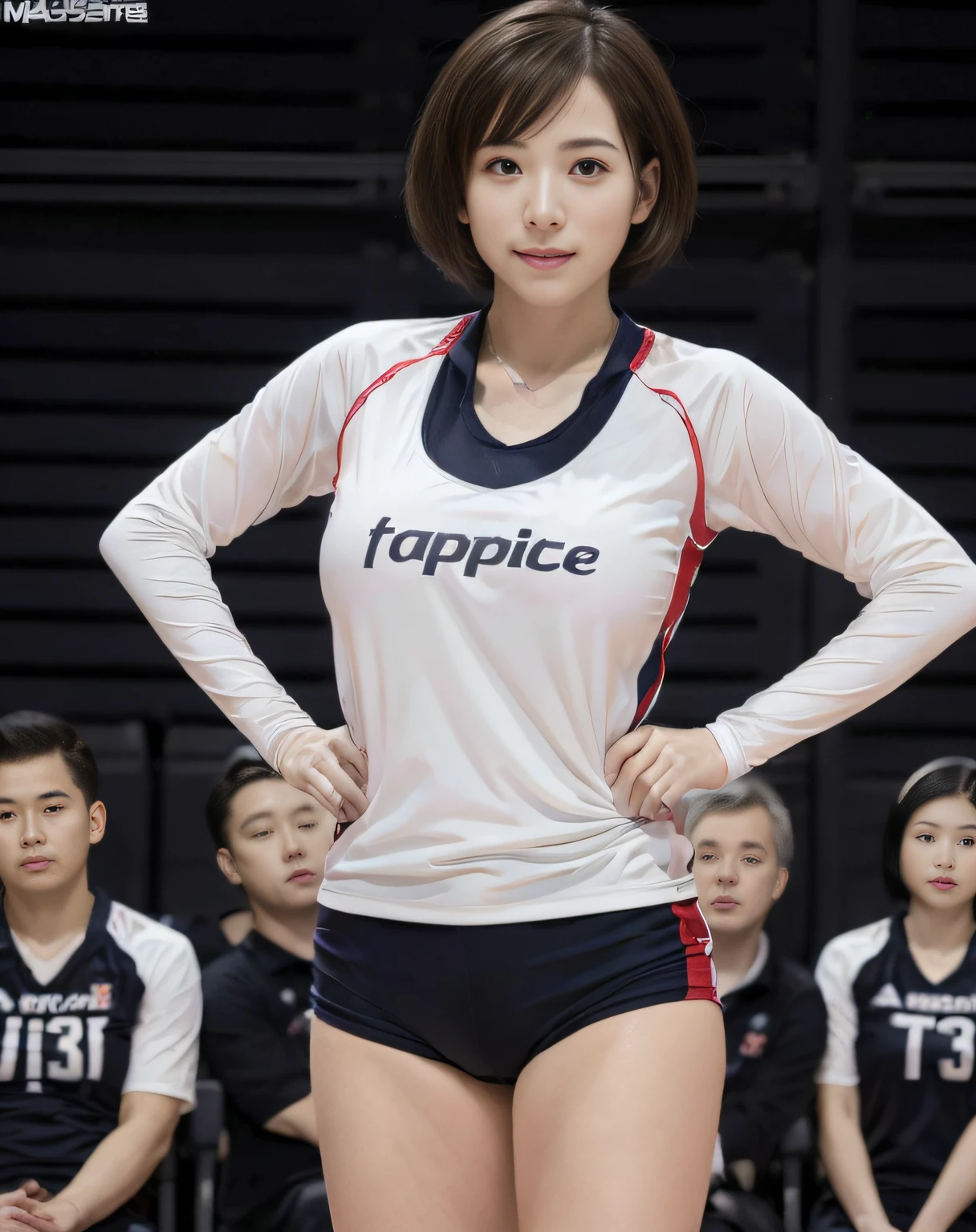 ((masutepiece)), ((Best Quality)), ((Ultra-detailed fingers)),(High resolution),(Realistic),8K,1girl in,(Cute),(Sexy),(Erotic),(Huge breasts:1.4),((Short hair:1.4)),She is a volleyball player,Wearing a volleyball uniform,