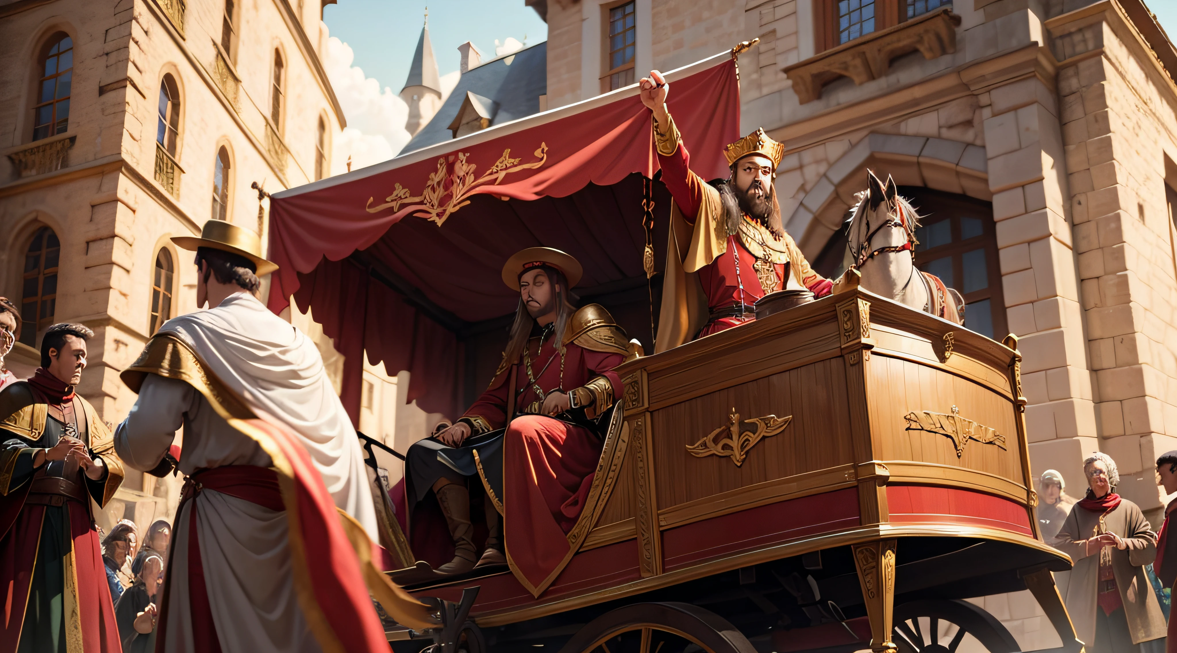 a king in red clothing and gold details on top of a wagon with a crowd welcoming and throwing a party for the king, in a medieval castle and town setting