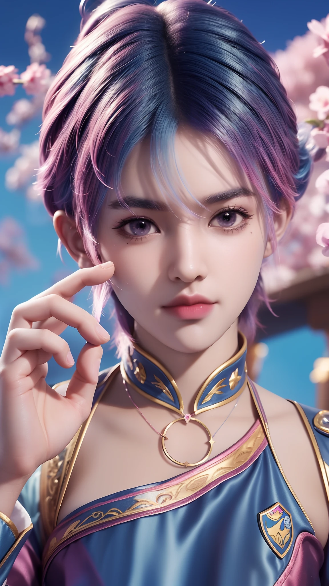 Ninja woman with peace headset, Bright eyes with stars, beautiful  face, RGB kernel, Bright pink hair, colorful anime, Bright background, Banner for Youku video, happy girls, Cloud with RGB cores, Bright RGB kernel, completo, Immortals, Gamer girl with sword in hand, banks.