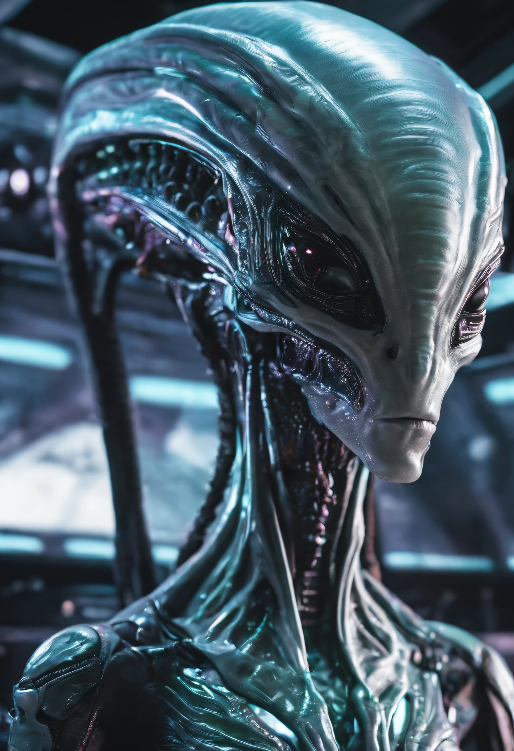 Van Terchall, A translucent ethereal alien,full bodyesbian,cyber punk style, Realistic, Highly detailed, Intricate