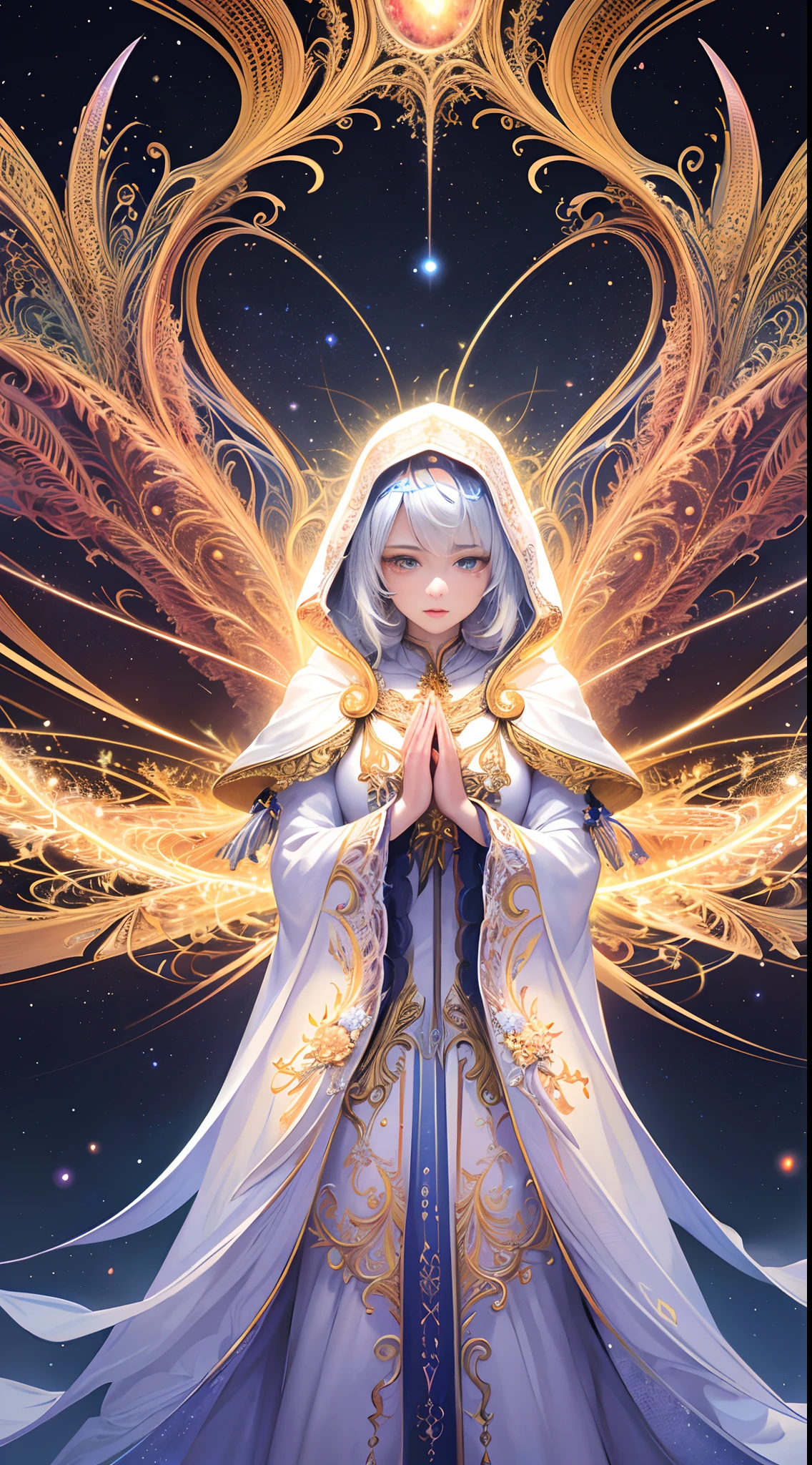 (masterpiece, top quality, best quality, official art, beautiful and aesthetic:1.2), (1girl), extreme detailed, (fractal art:1.3), colorful, highest detailed, perfect face, upper body, HDR, (praying:1.3), (white cloak golden lines:1.2), galaxy, (light streaks), striking visuals, (dynamic streaks, luminous trails:1.2), vibrant colors,