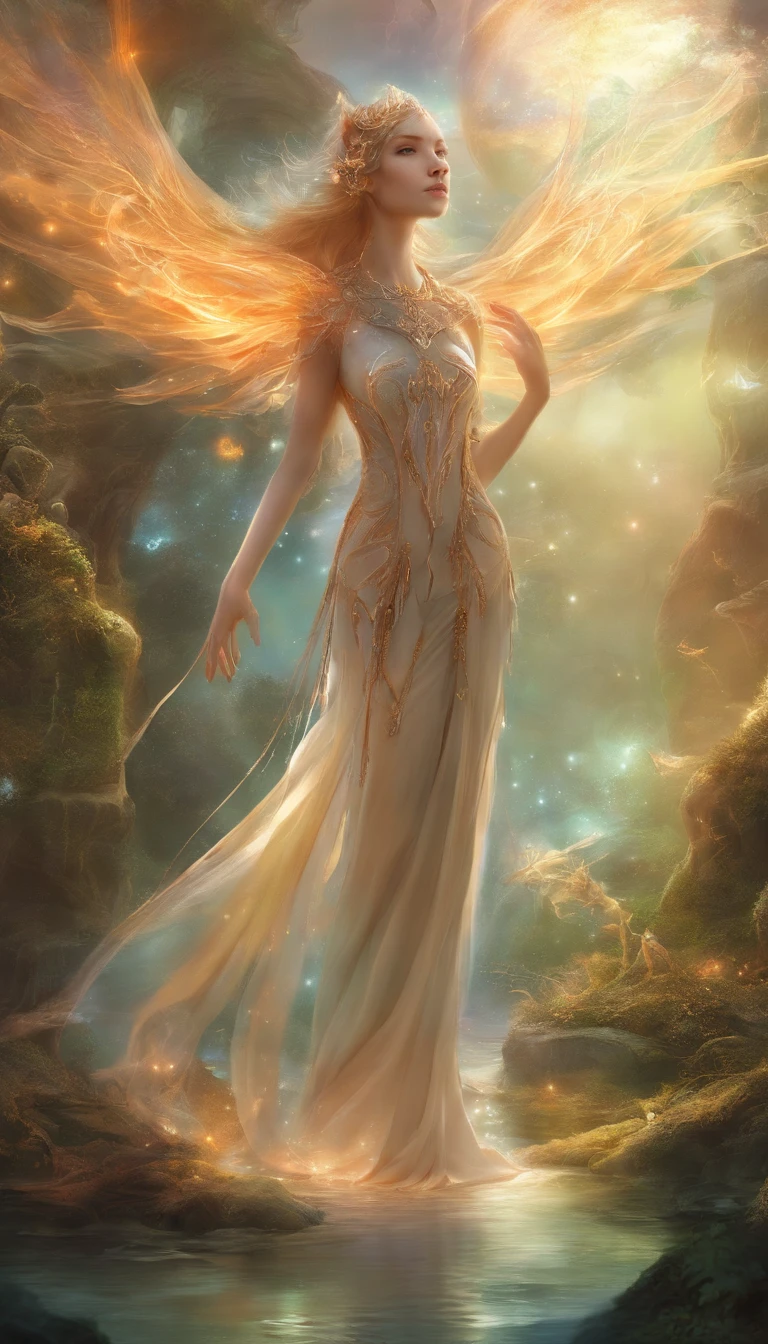 professional photo of a solo redhead woman floating (in space)+, ornate feather gown, long (flowing feathers)+, long flowing hair, detailed face, ambient lighting, dynamic motion, (nebula background)+, perfectly symmetrical eyes and face