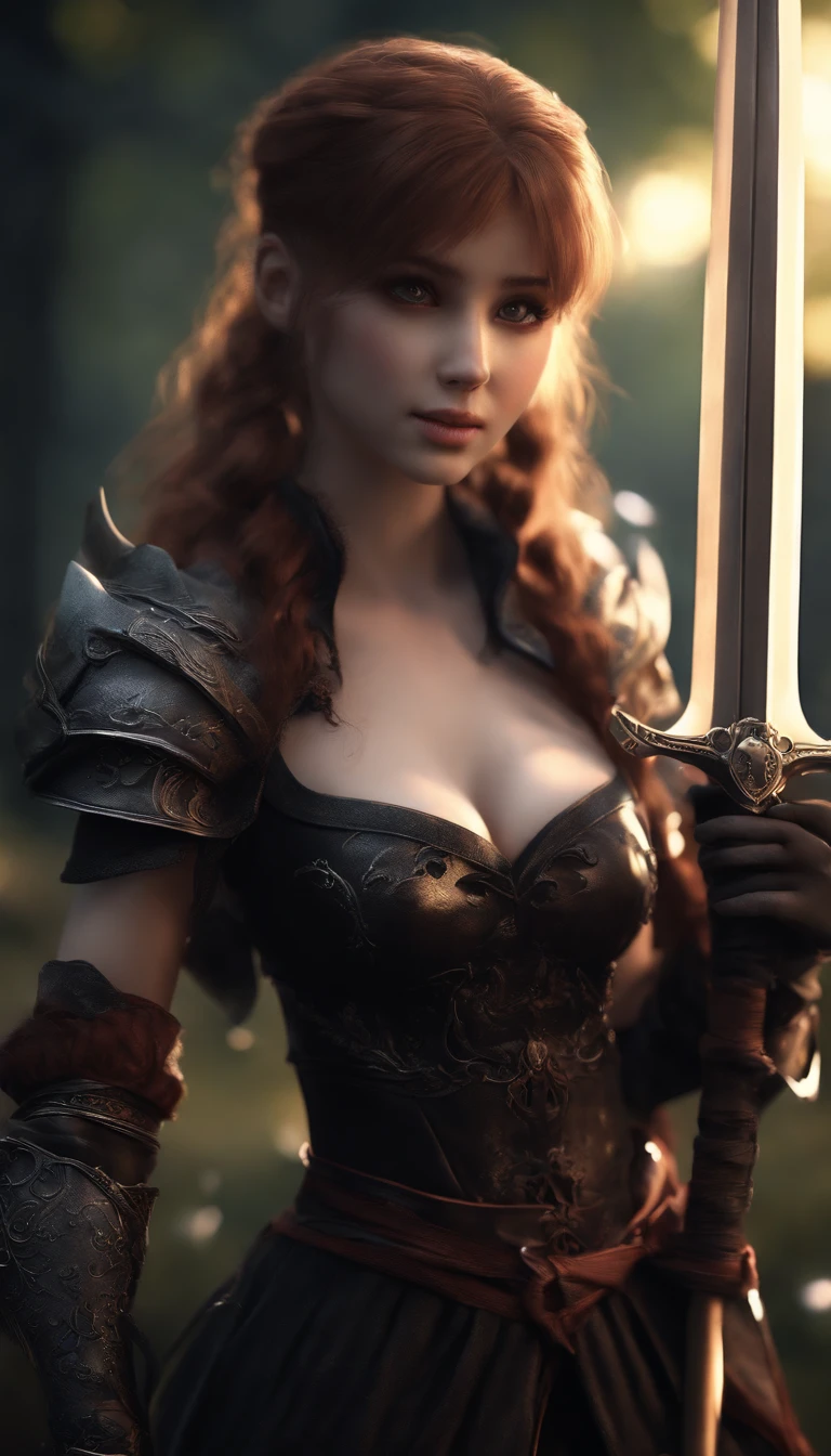 (Best quality), Dark fantasy, big sword, magical , Gothic, double tails, Realistic, Ultra detailed, High definition, anime big breast,