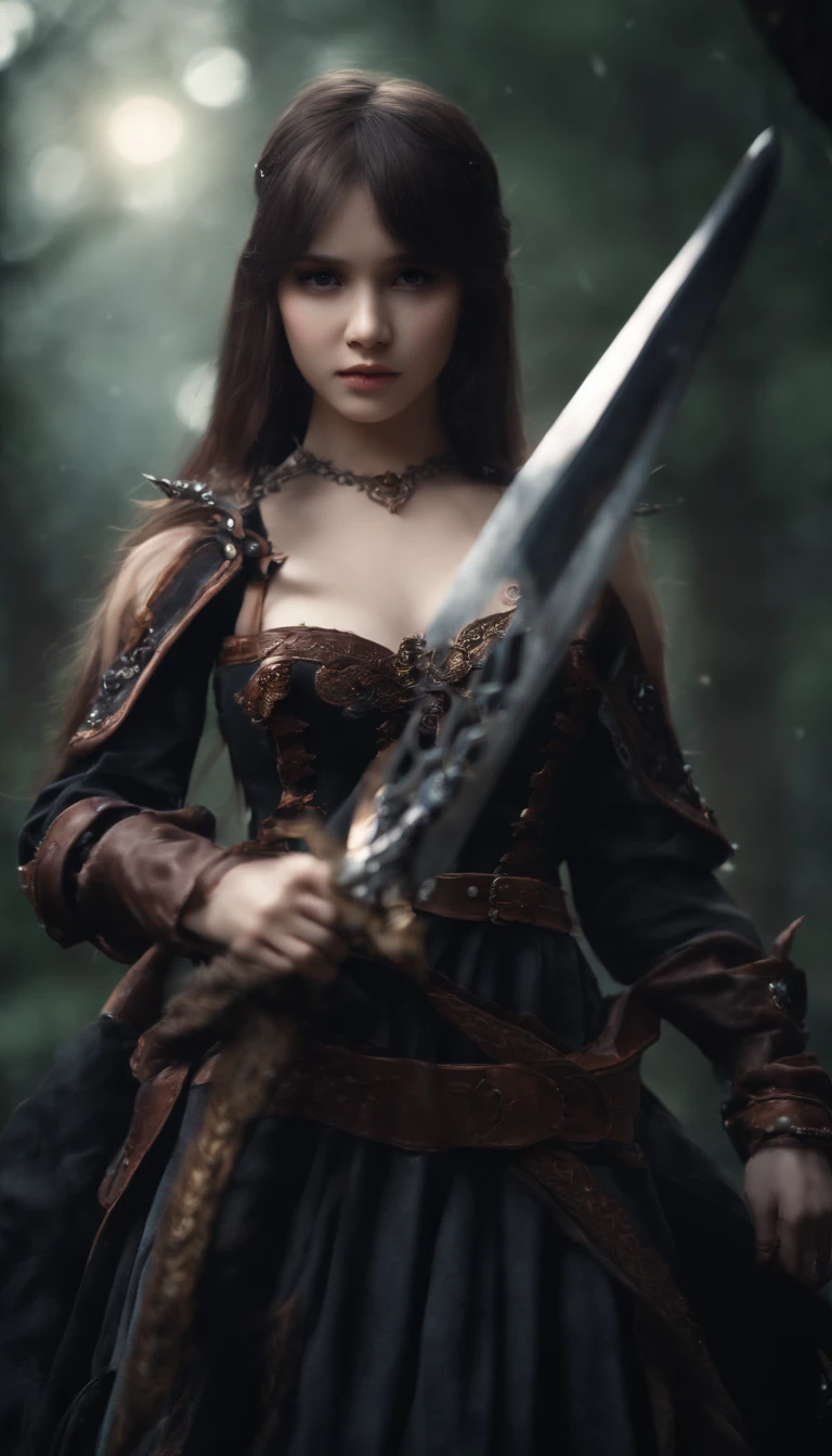 (Best quality), Dark fantasy, big sword, magical girl, Gothic, double tails, Realistic, Ultra detailed, High definition, anime big breast,