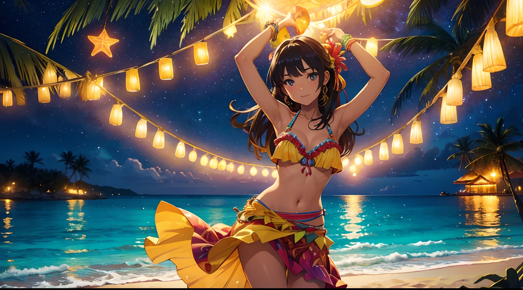 Beautiful young woman dancing to Caribbean songs in a luau with a tropical atmosphere at night, stars, beach in the background, party atmosphere, vibrant colors, panoramic view, intricate details, high definition, high resolution, soft lighting