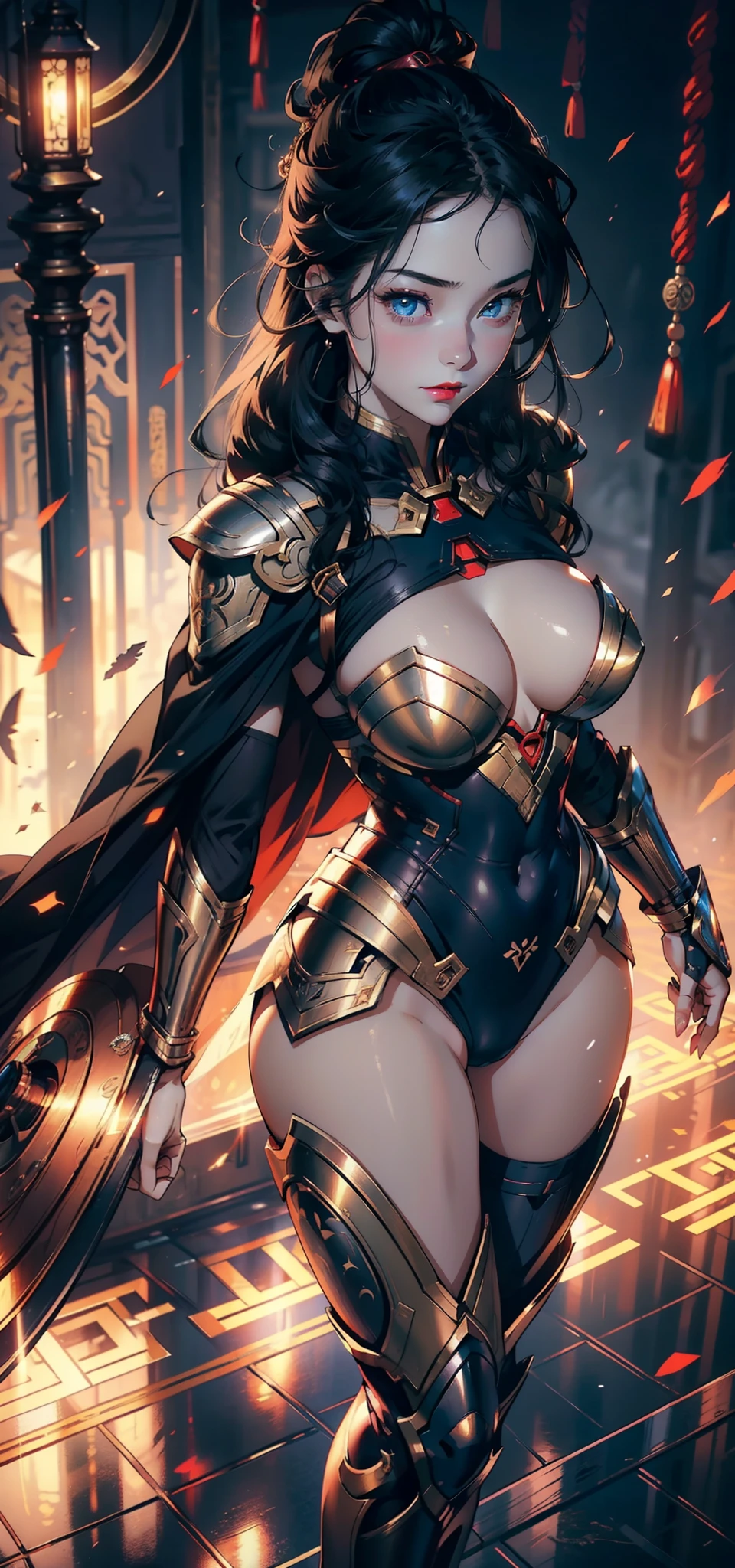 1female，35yo，plumw，extremely large bosom， 独奏，（Background with：Huge machinery，droid，aerodrome，Planes，Huge mechanical armor，） She has long black hair，Stand on the plane，，seen from the front， hair straight， mostly cloudy sky，（（（tmasterpiece），（Very detailed CG unity 8K wallpaper），best qualtiy，cinmatic lighting，detailed back ground，beatiful detailed eyes，Bright pupils，Blue eyes，Snow-whiteskin，Redlip（Very fine and beautiful），（Beautiful and detailed eye description），ultra - detailed，tmasterpiece，））facing at camera，A high resolution，ultra - detailed），revealing breasts，Bare genitalia，  Bulge，legs are open，Raised sexy，Camel toes，Flushed complexion，Desire for dissatisfaction，frontage，wonder women，（Wearing：Cloak，Black pantyhose，Iron Man armor，Gold wire embroidery，Armour，Bare breasts）Ancient Chinese style