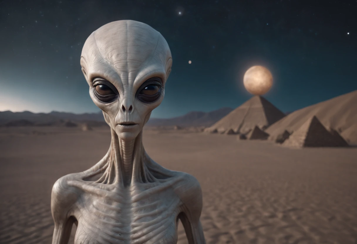 alien do a selfie at Nazca Lines 8k photorealistic, universe background, night