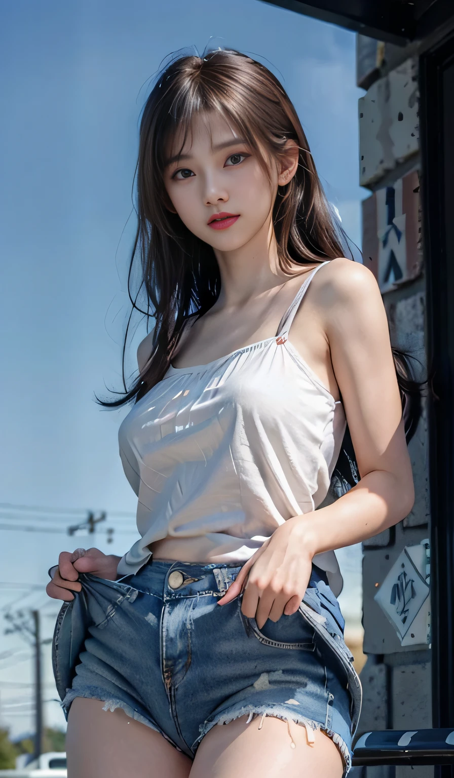 (((Shooting from a low angle below)))、(((White denim、White Denim Shorts、Pink silk fabric、Wrinkled and lifted denim、The display tray lifts.、Lift your shorts yourself、White Sports Shorts)))、(((Panties can be seen through the gap in the shorts)))、(((long legged))),White vest、ultra - detailed、tmasterpiece、top-quality、超A high resolution、8K、high-level image quality、Photogenic clarity、Live action、A detailed eye、gradients、perfect anatomy body proportions ,hard disk、nffsw , Nikon Z9 80mm Lens 、masutepiece、Detailed panty patterns、Detailed and clear panty pattern、Bright sunlight and natural light、Crowds in the city、Beautiful bust seems to overflow、beautiful pointed areola,,,,,、Her eyes were shining.、Brunette Bob Hair、、Bright lips and lip gloss、