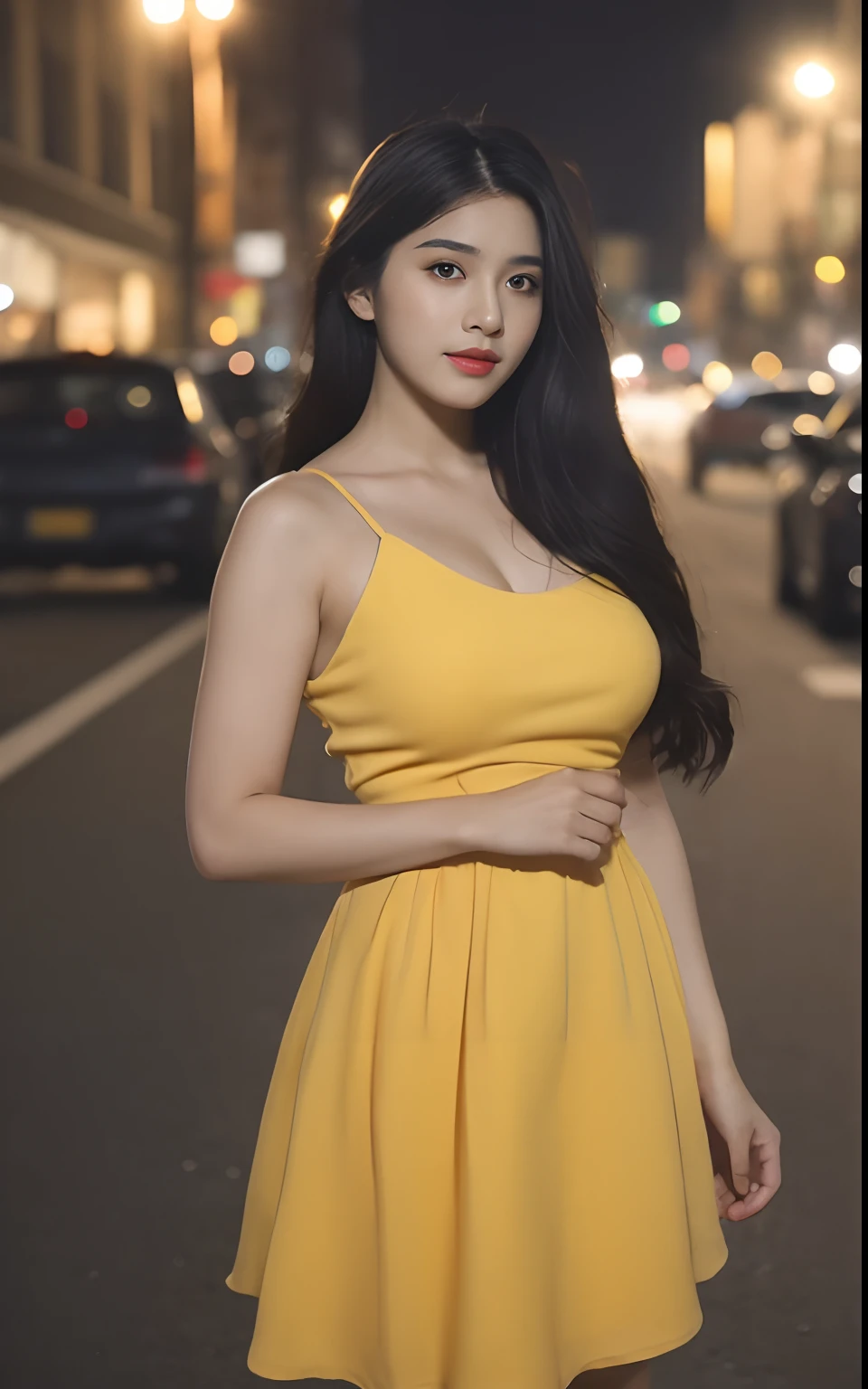 (Realistic lighting, Best quality, 8K, Masterpiece: 1.3)), Focus: 1.2, 1girl, Perfect Figure: 1.4, chubby Abs: 1.1, big boobs, big breast, tan skin, indian skin, brown skin, ((black hair)), (yellow dress: 1.4), (Outdoor, Night: 1.1), City streets, Super fine face, Fine eyes, Double eyelids,