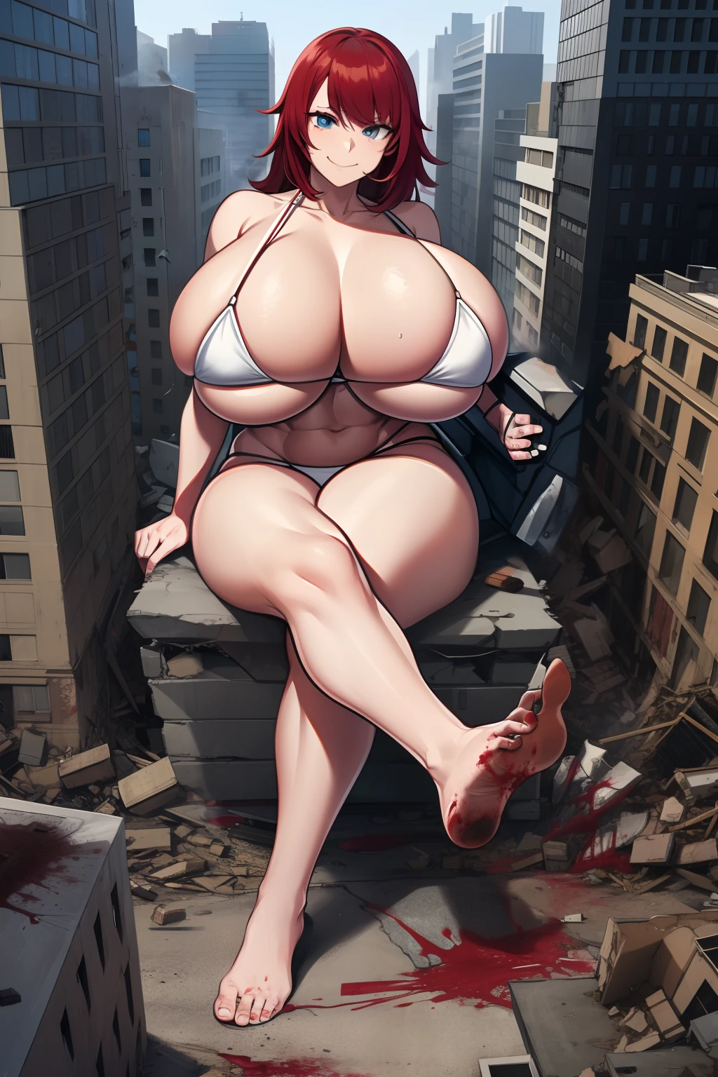 formidable_default in a destroyed city, (GTS), macro, aerial view, from_above, (buildingseat), ((rampage)), ((destruction)), bikini, giantess, legs crossed, (masterpiece), (highres), absurdres, best quality, ((full_body)), footprints, ((gigantic_breasts)), facing_viewer, wide_shot, tiny buildings along the bottom of frame, abs, blood soaked soles, bloodstains, smirk, smug, crushing, explosion, military vehicle,