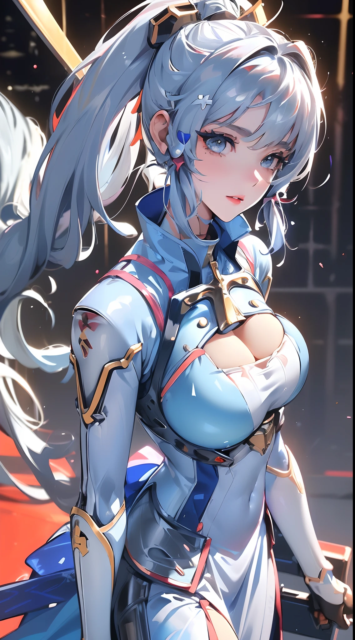 (Best Quality, 8k, 32k, Masterpiece, UHD:1.3), (Photo of Attractive Japanese Woman), ((1 Girl)), ((moderate Boobs)), Abs, Perfect Body, Ultra Detailed Face, Detailed Lips, Fine Eyes, double eyelids,, (seductive), ((aroused:1.5)), ((in heat)), ((milf)) sexy girl, beautiful girl, jaw-dropping beauty, girl in mecha cyber armor, (silver long hair:1.2)), ferra white mecha, female mecha, mechanized valkyrie girl, beautiful white uniform  clothed in sci-fi military armor, scifi woman, in (white futuristic armor:0.9), gorgeous female paladin, ((close up to face and breast)), smiling beautifully, in mecha cockpit, sunlight illuminated her beautiful face, fox ears