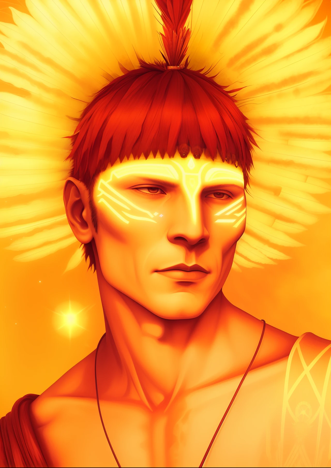 Cinematic hyperrealistic image of a warrior man with a headdress on his head, solarpunk humano, portrait of a digital shaman, macho com halo, seres solares, the non-binary deity of spring, selk ' nam deus do sol, inspirado em Leo e Diane Dillon, portrait of a robot shaman, art deco flower shaman, the solarpunk phoenix, art deco shaman